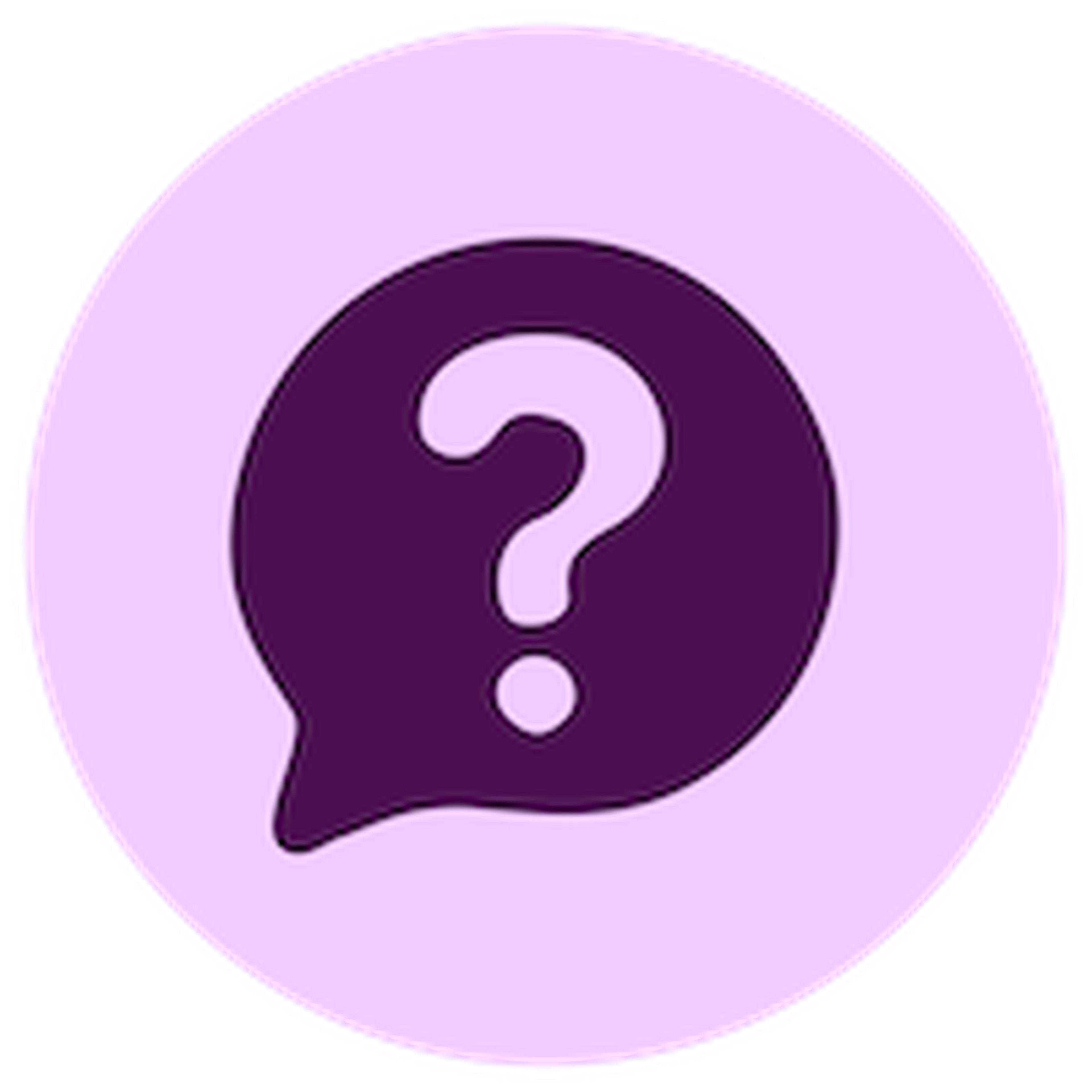 A purple speech bubble with a white question mark inside, set against a light pink circular background.