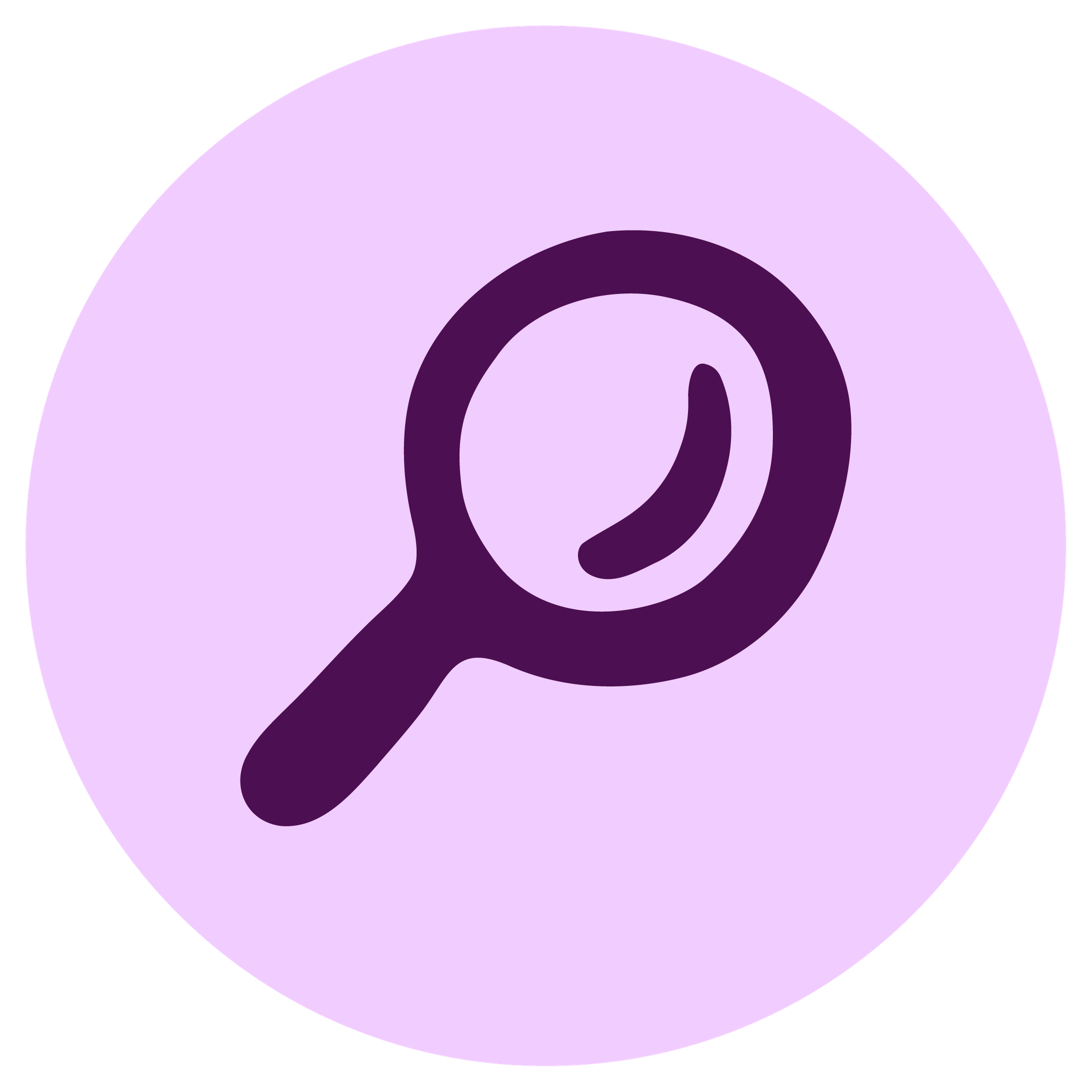 A purple magnifying glass icon on a light pink circular background.