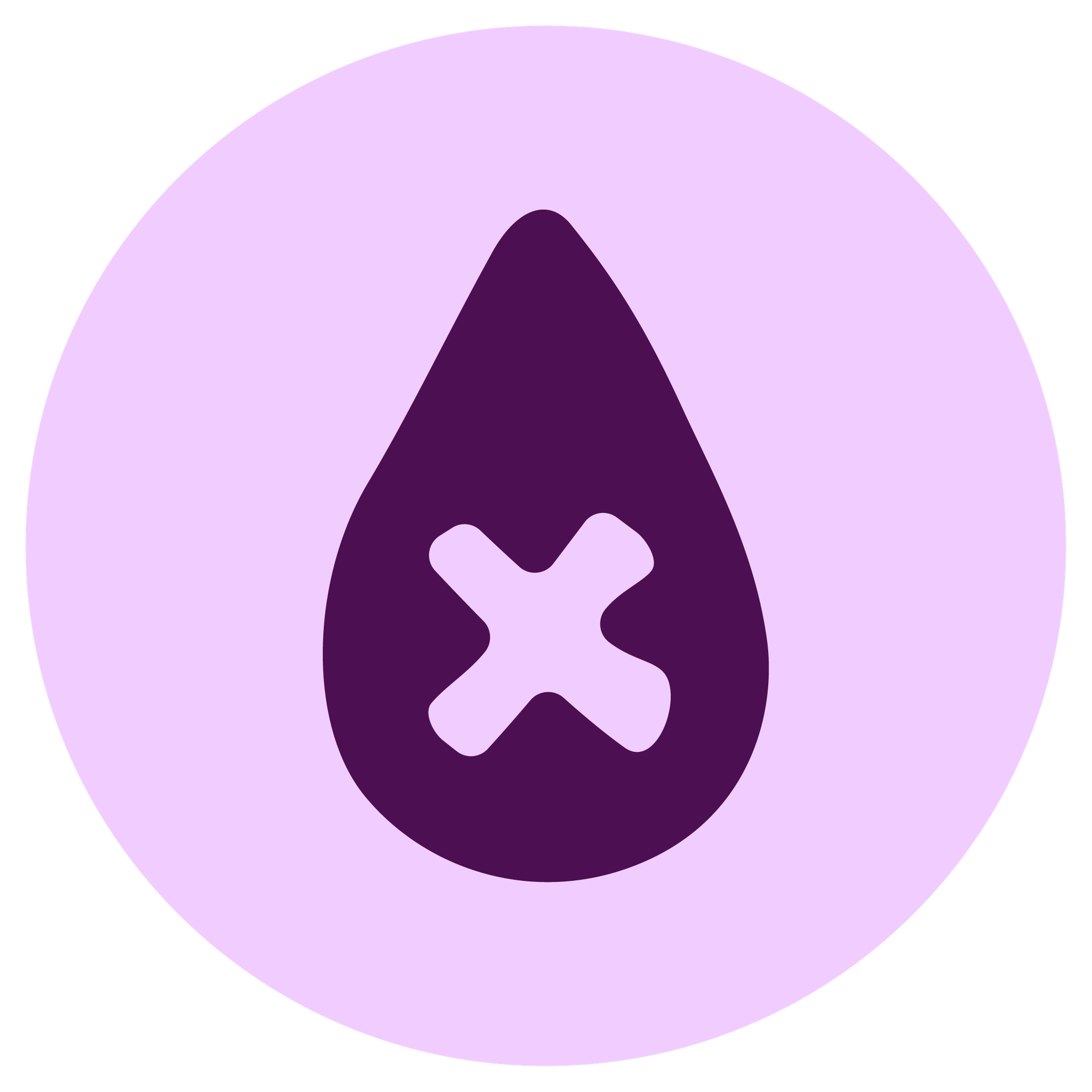 A purple drop shape with an 'X' inside, centered on a light purple circular background.