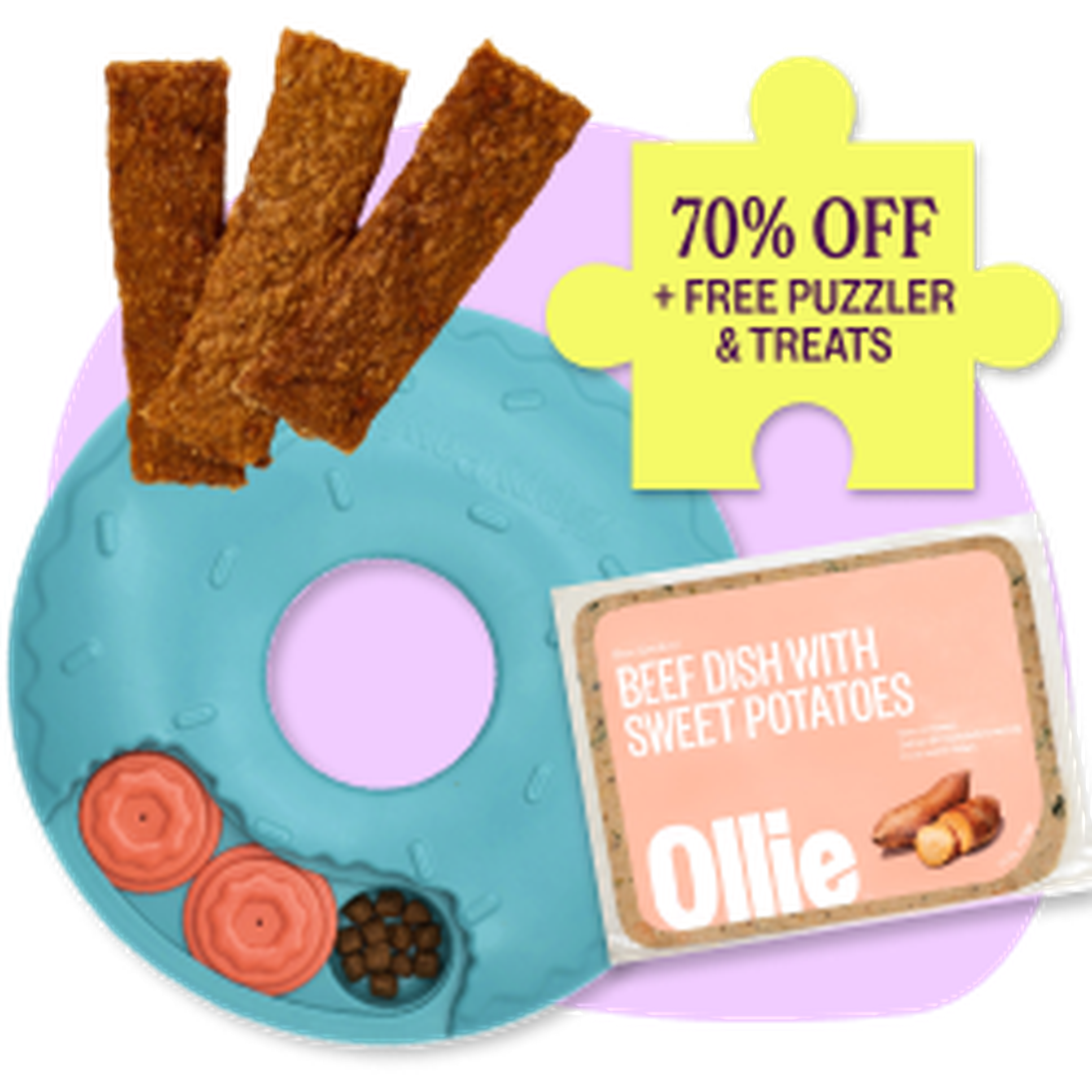 Blue donut toy with dog treats, Ollie chicken dish pack, and puzzle piece with "70% OFF + Free Puzzler & Treats" offer on a purple background.