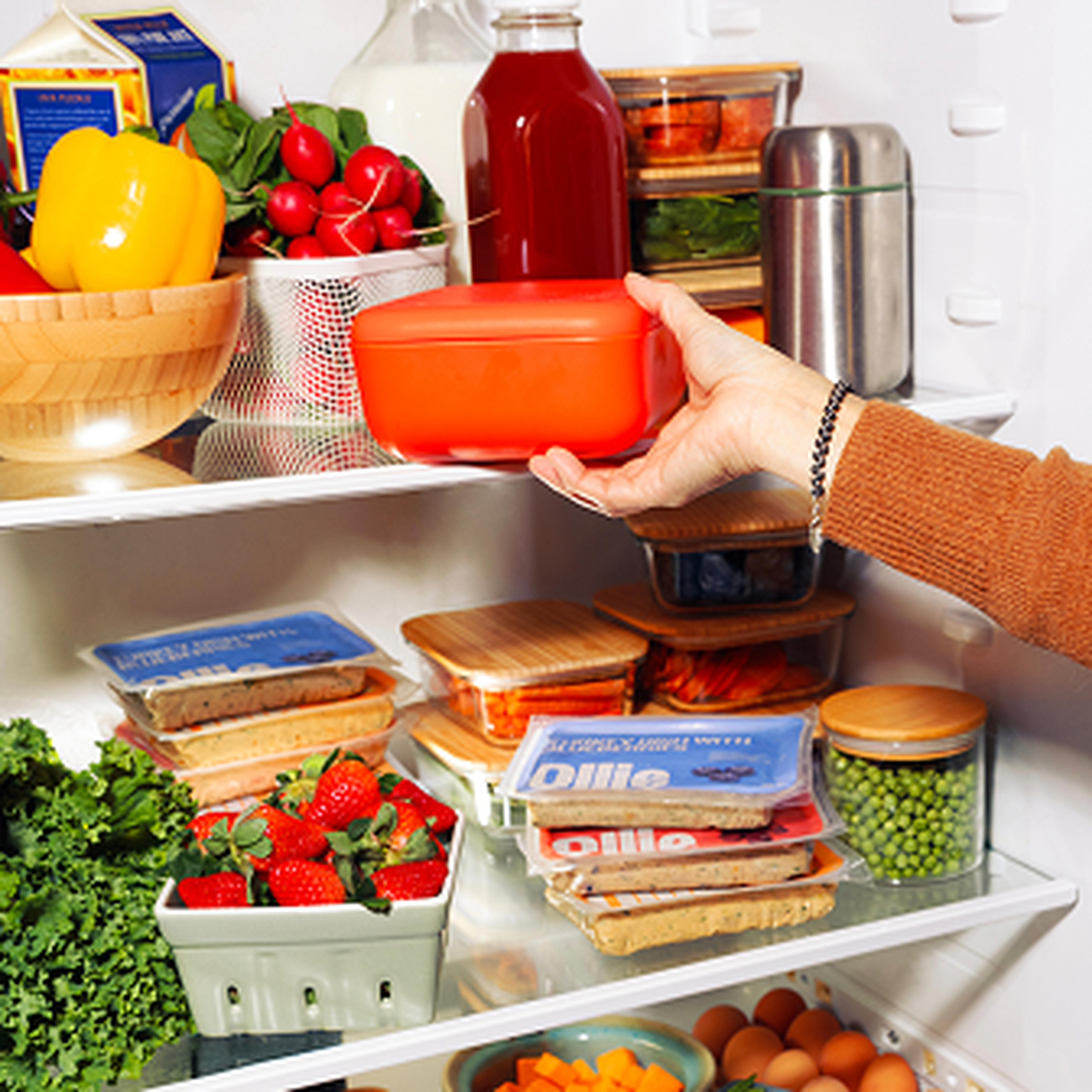 A hand reaches for a red puptainer in a fridge filled with various fresh foods, including vegetables, berries, and drinks in organized containers.