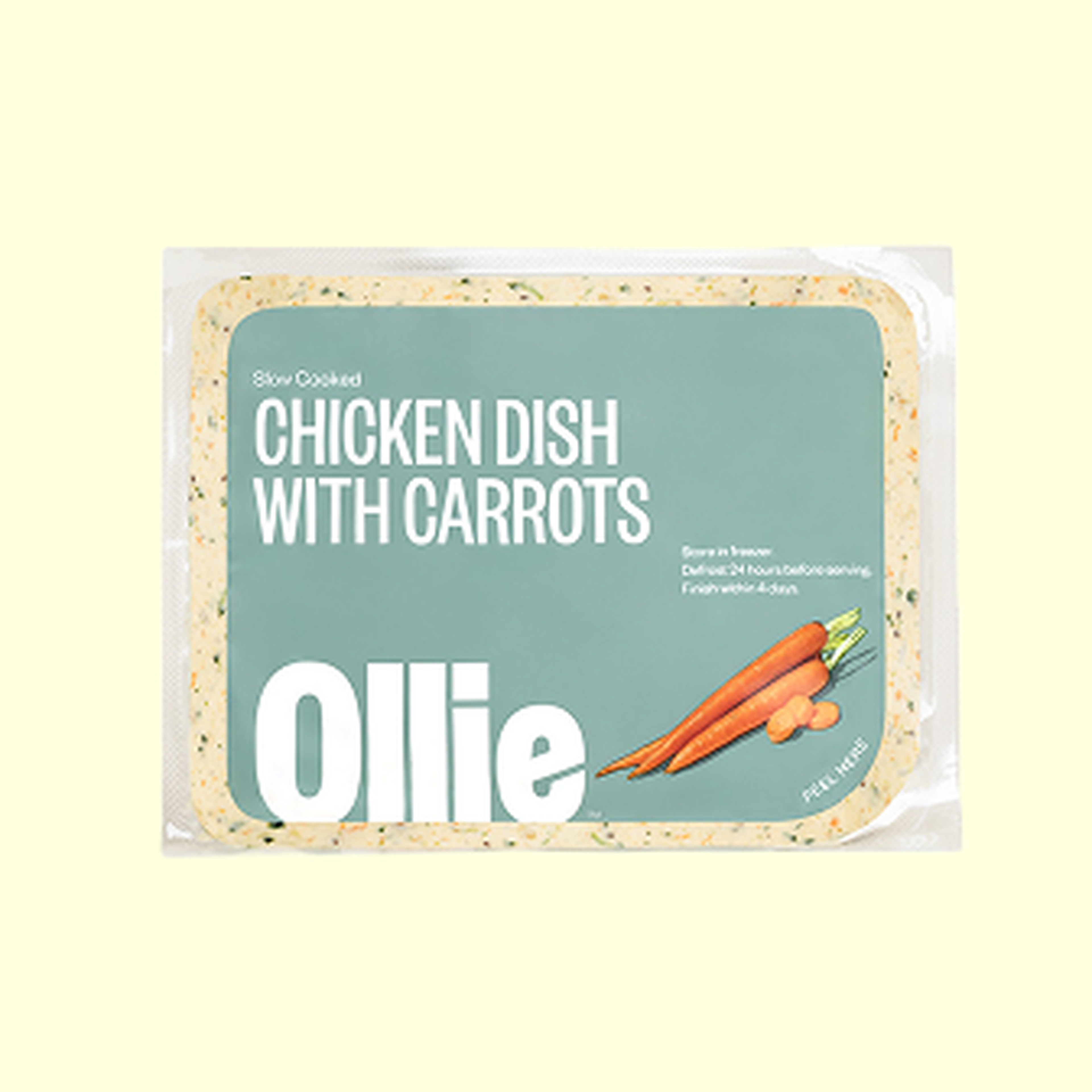 Packaging of an Ollie slow-cooked chicken dish with carrots, featuring a green label and an illustrated carrot image on the front.