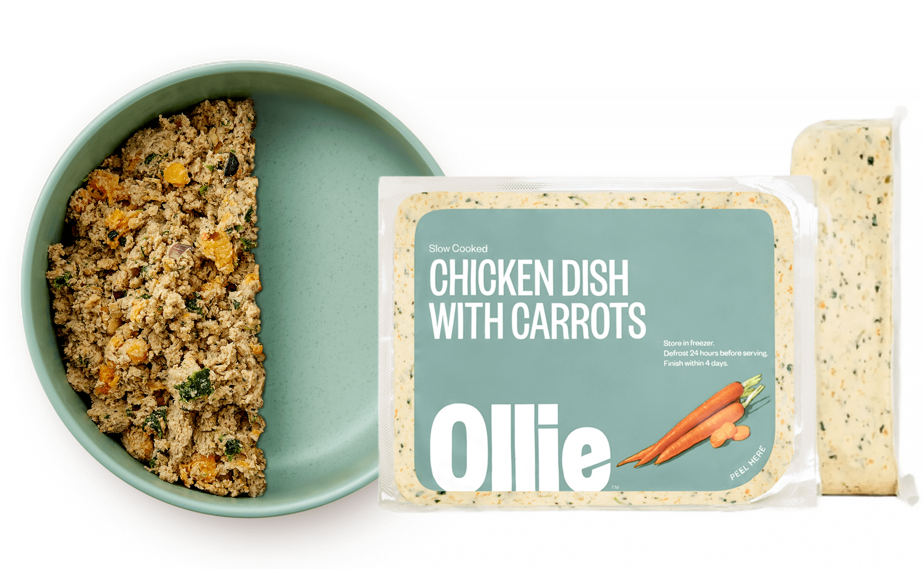 A bowl half full of the Ollie fresh chicken recipe