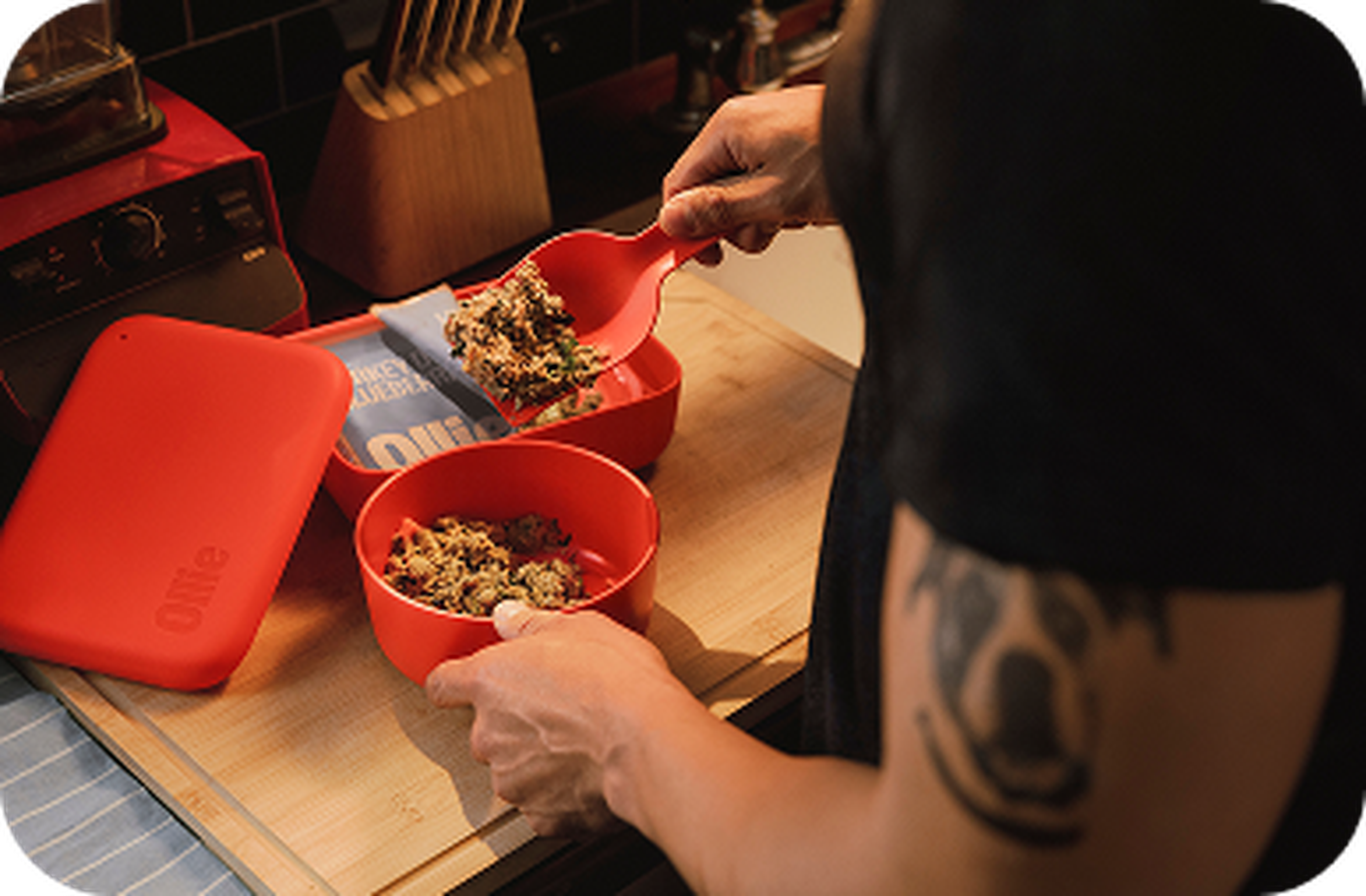 Person scooping Ollie fresh food from a Puptainer on a kitchen counter with a red lid nearby.