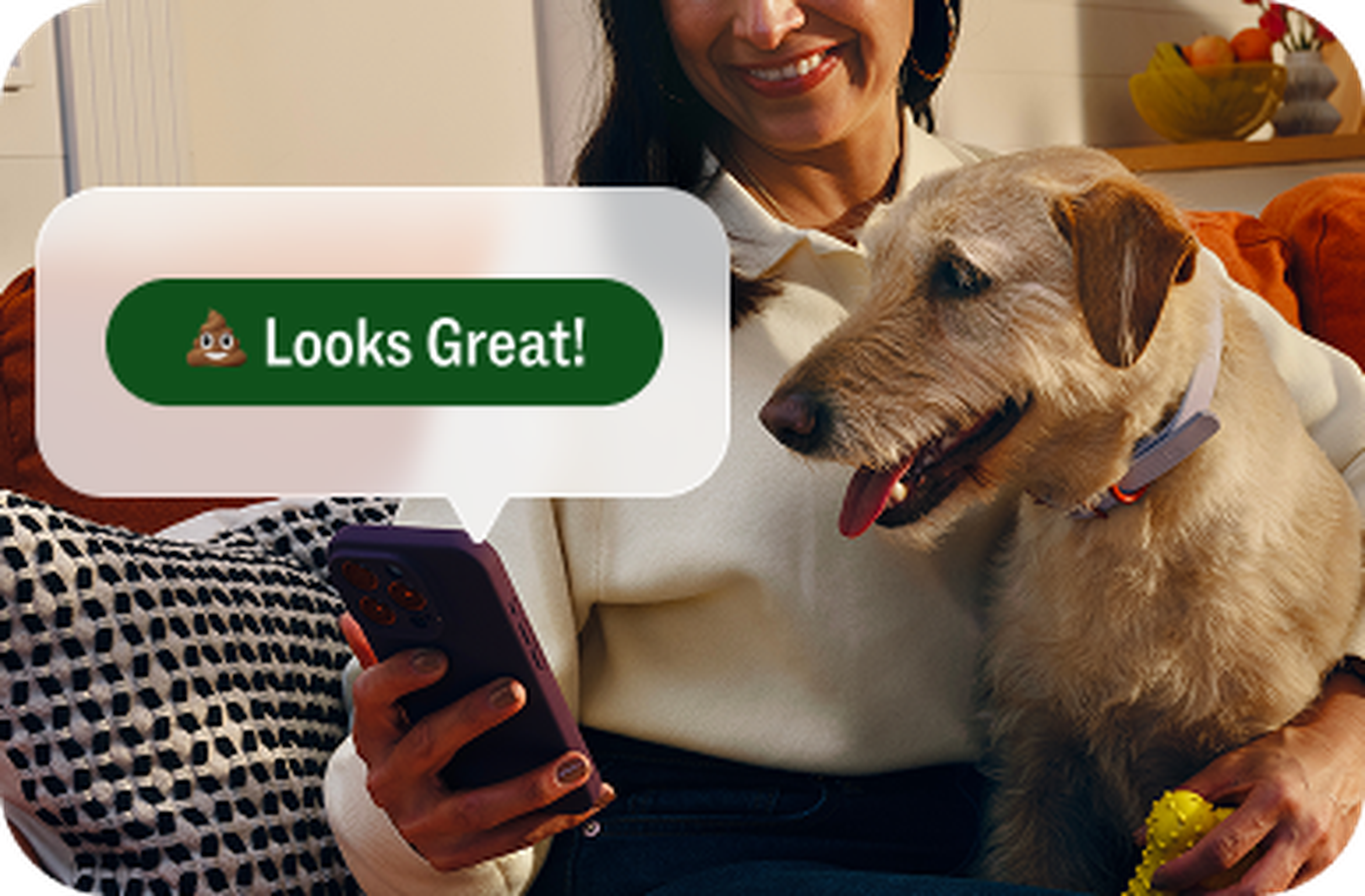 Woman smiling at phone with dog beside her. Phone displays text: "Looks Great!" with a poop emoji.