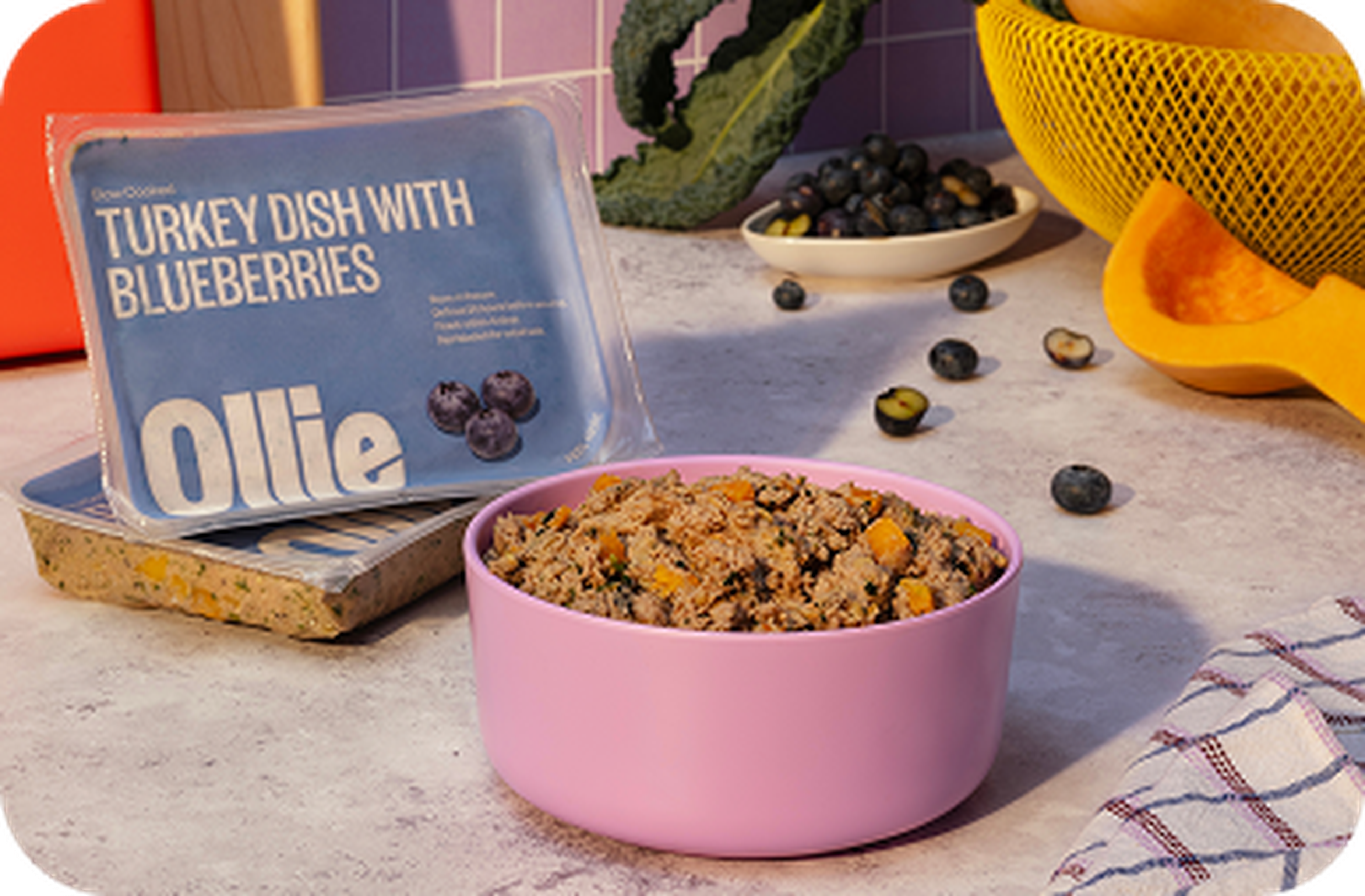A bowl of turkey dish with blueberries in a pink container. Packaging labeled "Ollie" is nearby with scattered blueberries and decor.
