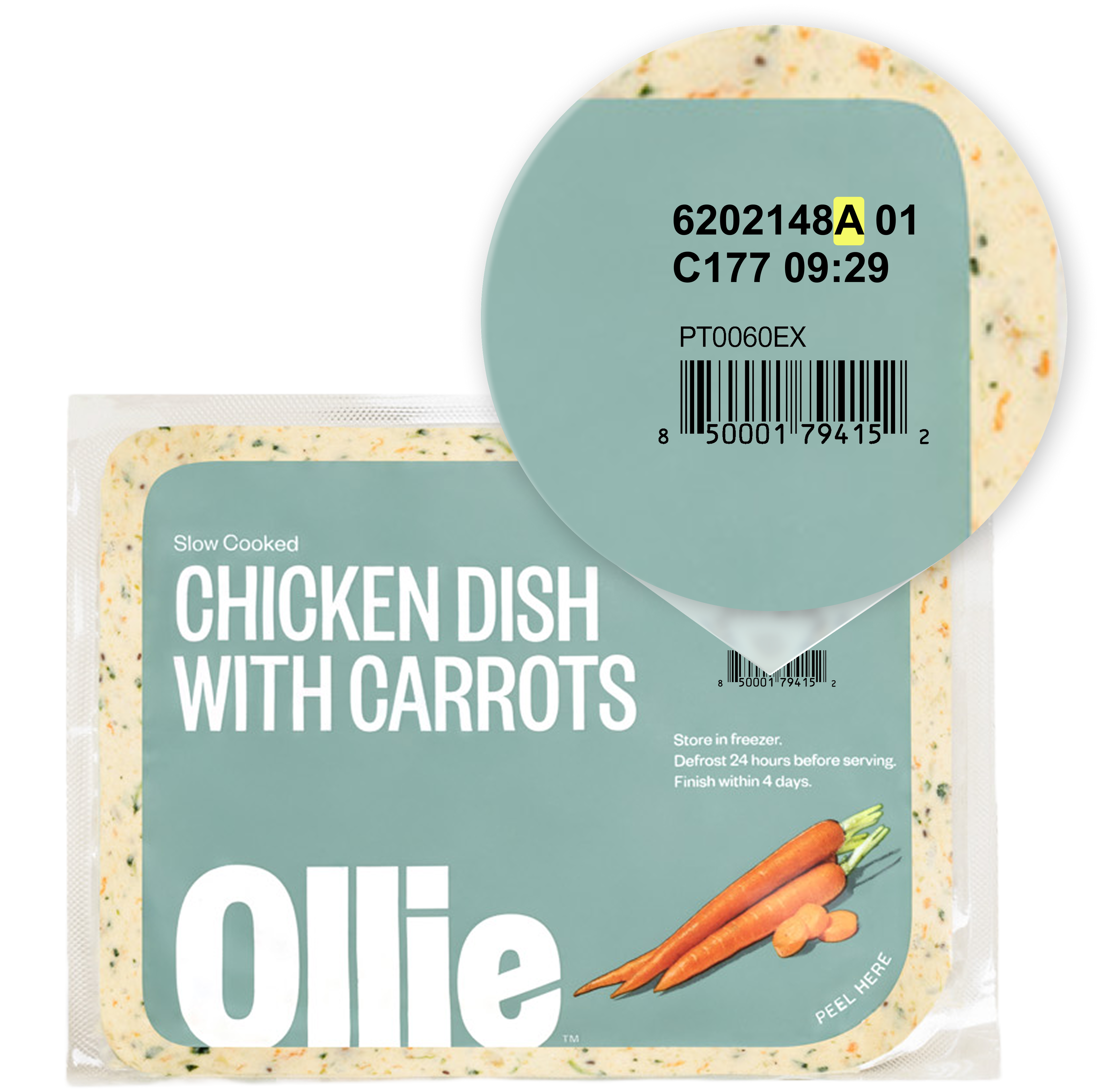 Packaging for a slow-cooked chicken dish with carrots by Ollie, featuring storage instructions, a barcode, and a peel tab.
