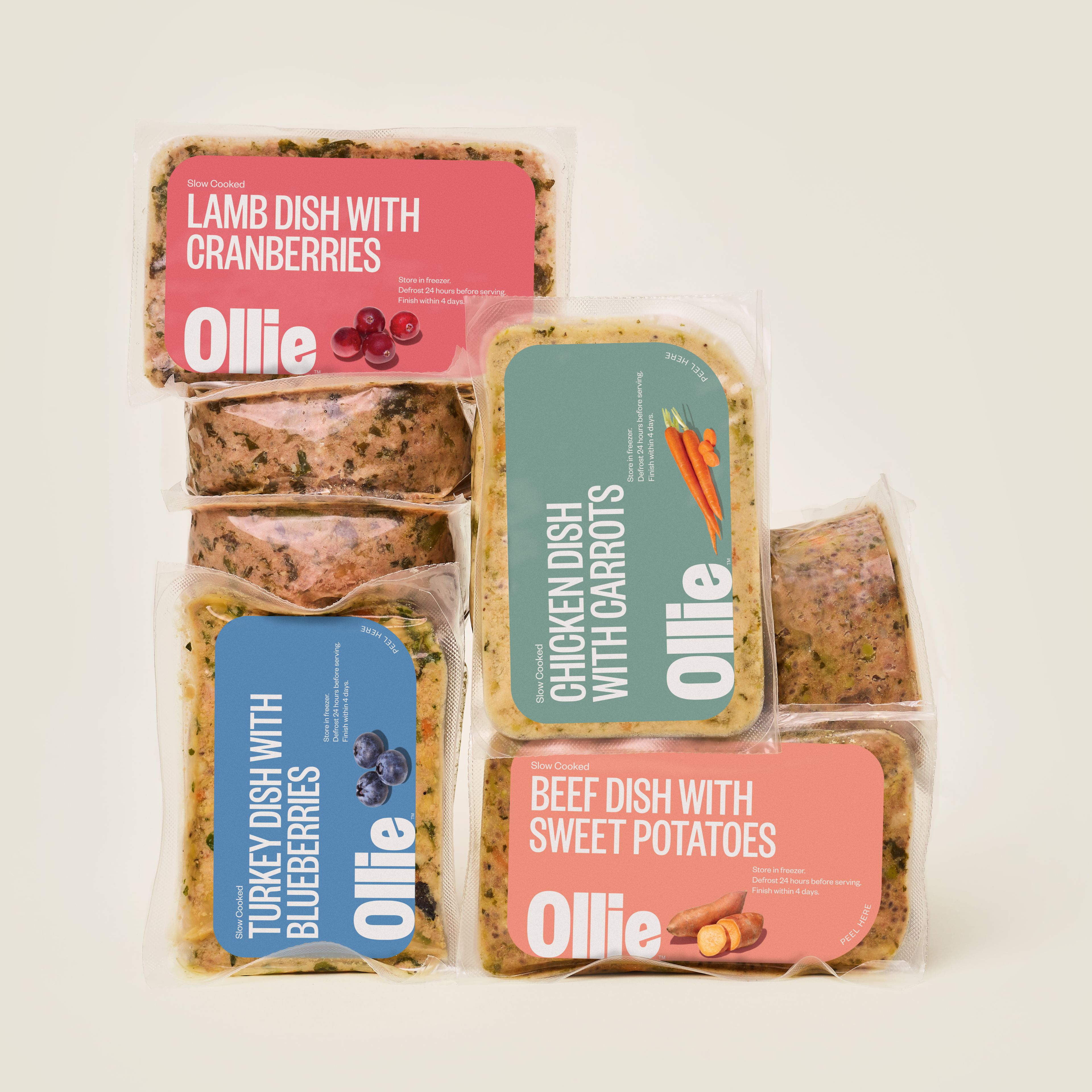 Photo of stacked Ollie Fresh food packs