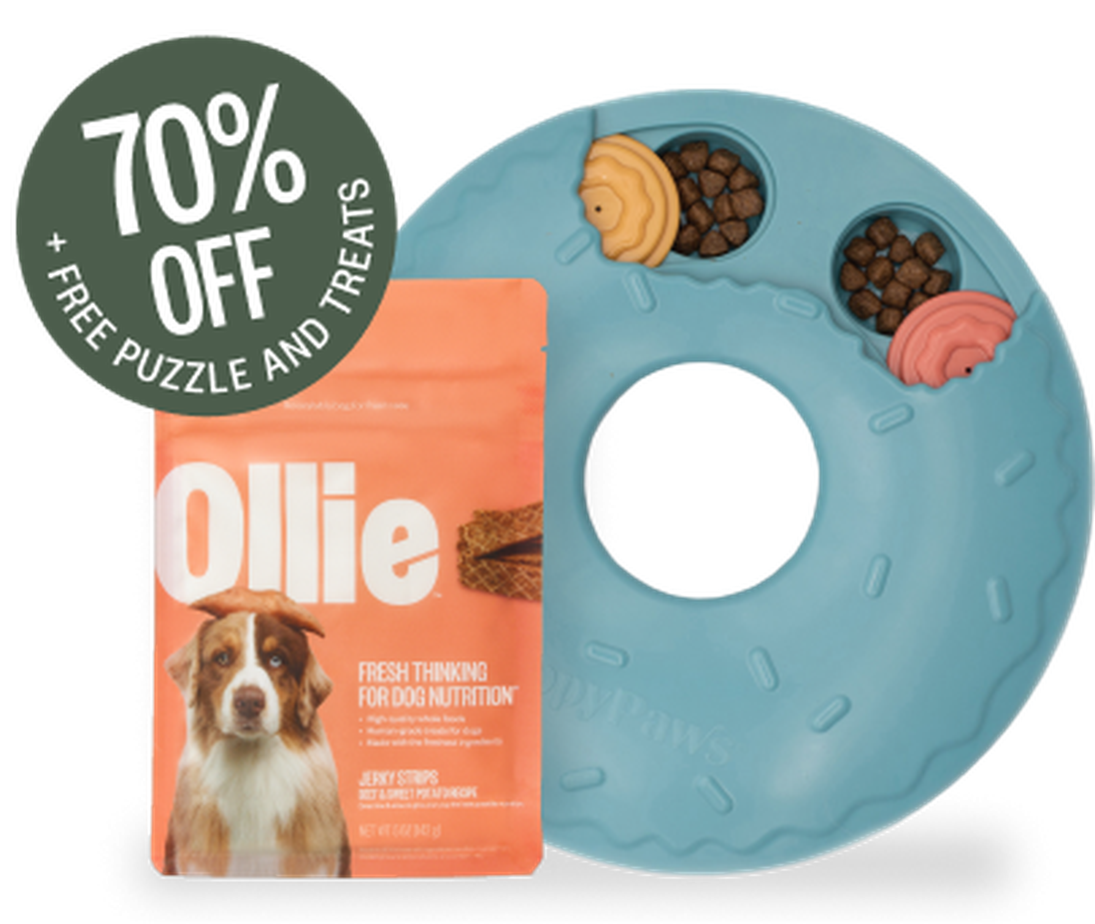 Dog food package labeled "Ollie" next to a blue puzzle toy with compartments containing treats. Text overlay: "70% Off + Free Puzzle and Treats".