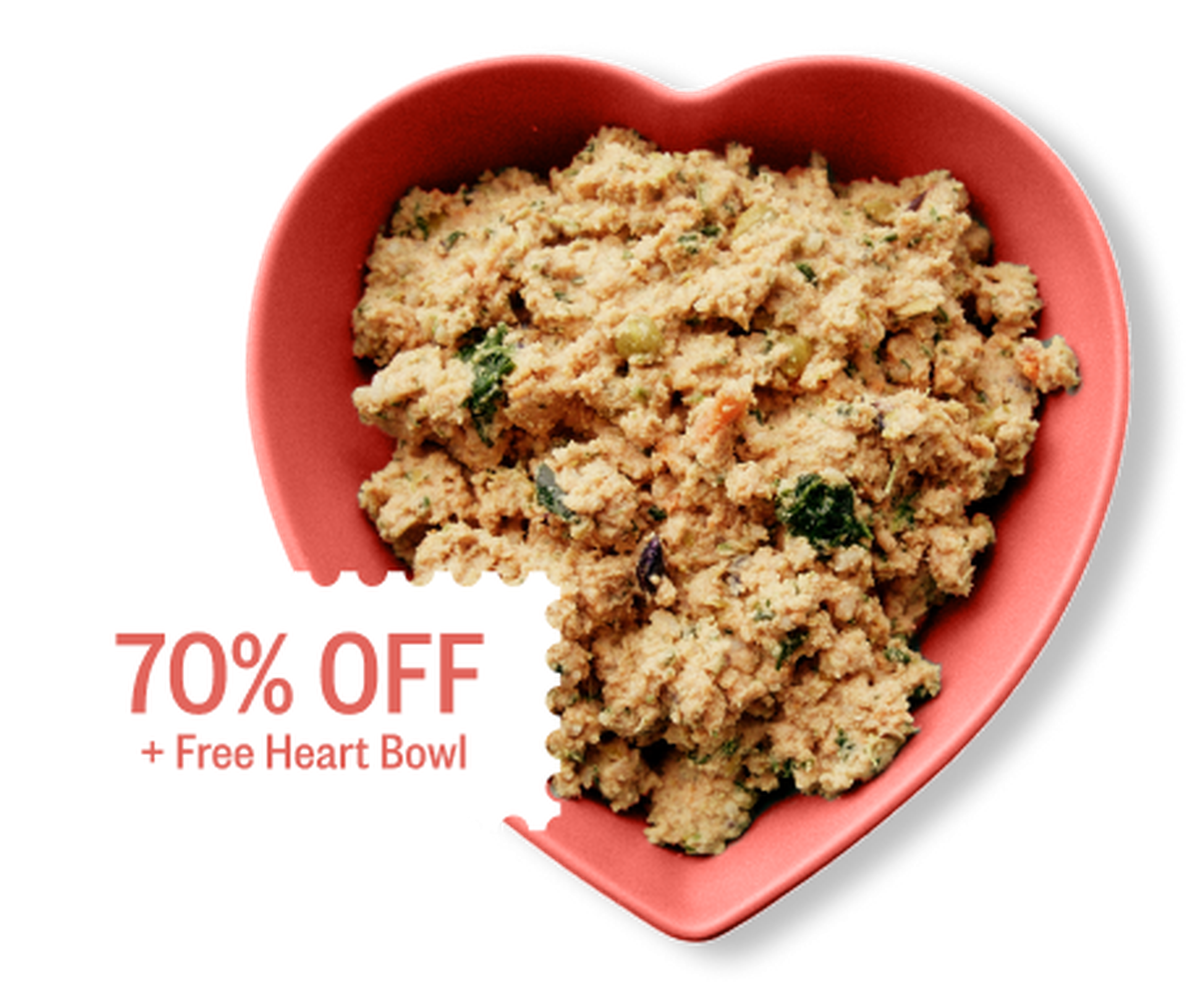 Heart-shaped bowl of mixed food with "70% OFF + Free Heart Bowl" text beside it.