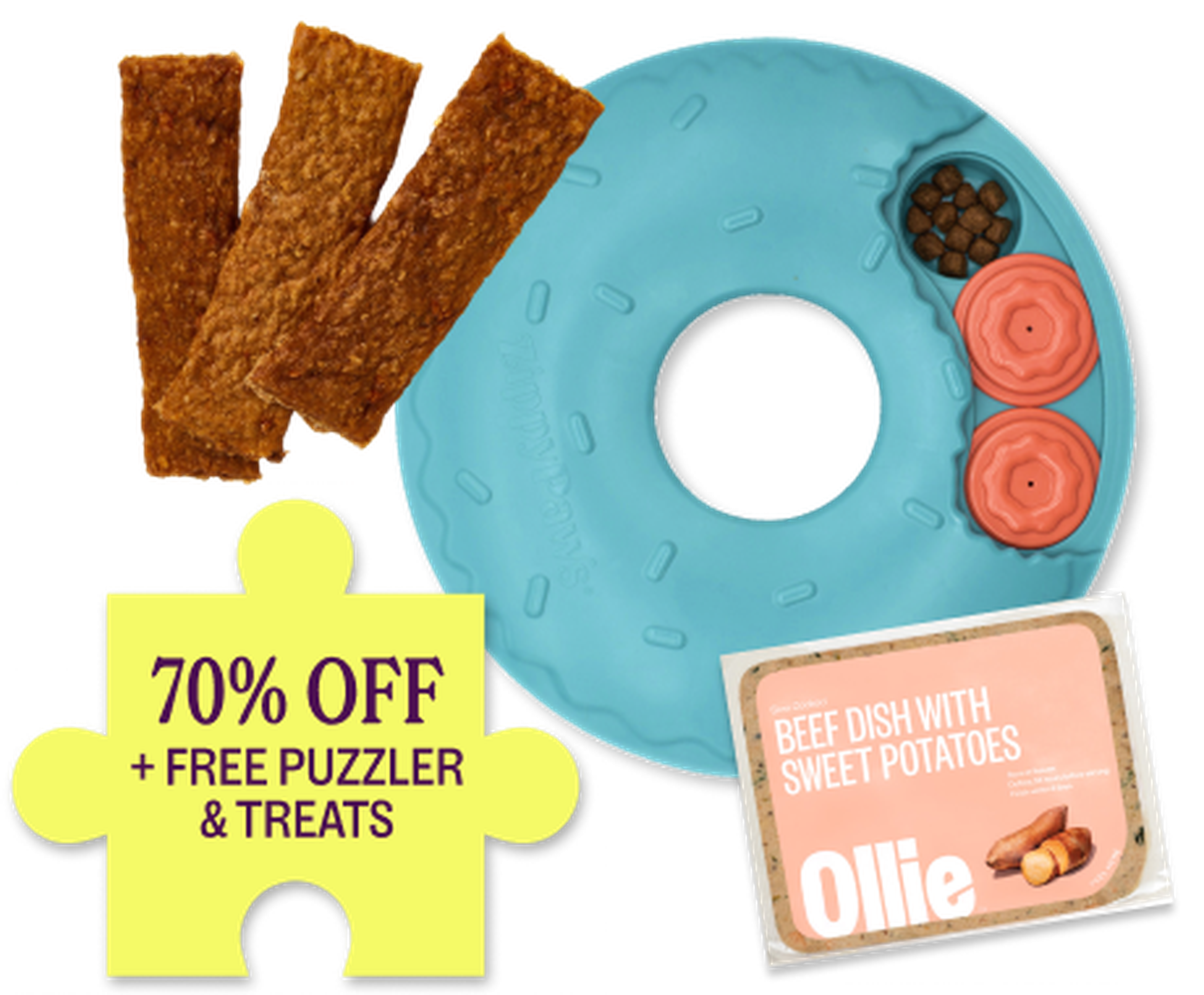 Blue dog toy with treats, including biscuits and kibble. Yellow puzzle piece offers "70% OFF + FREE PUZZLER & TREATS."