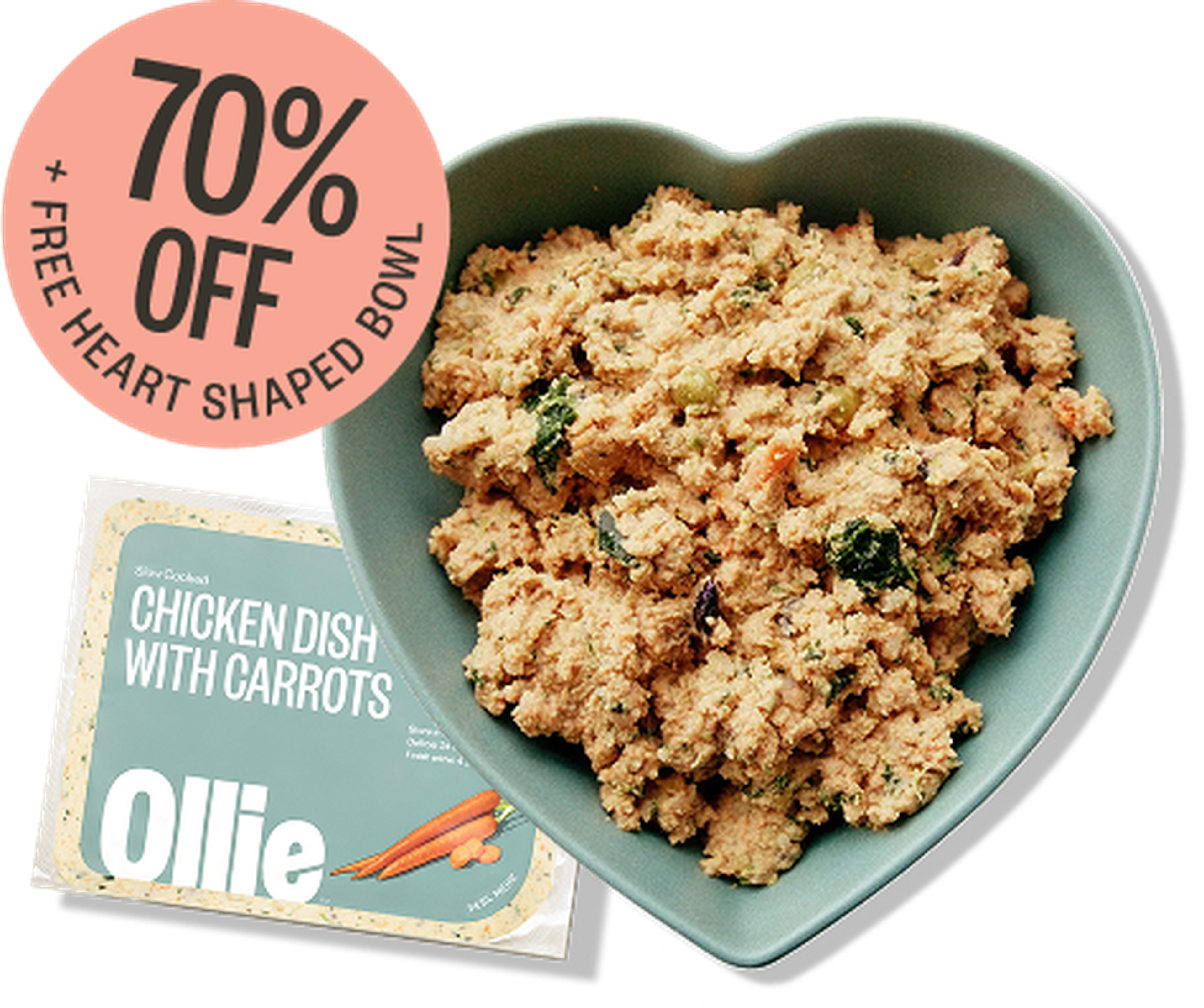 Heart-shaped bowl of chicken and carrot dog food, promo sticker offering 70% off and a free bowl, with Ollie packaging beside it.