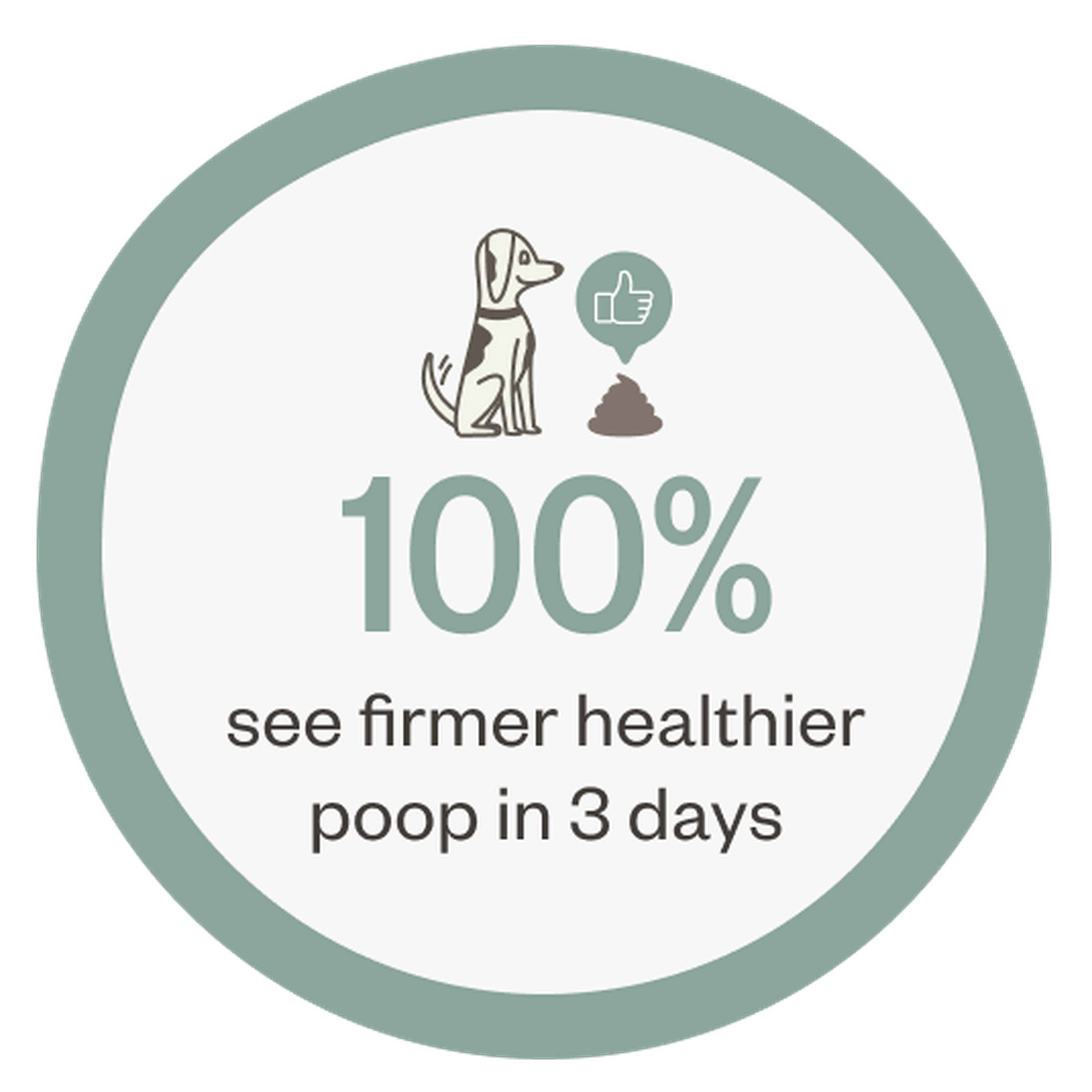 Illustration of a dog next to a thumbs-up and poop icon, with text: "100% see firmer healthier poop in 3 days."