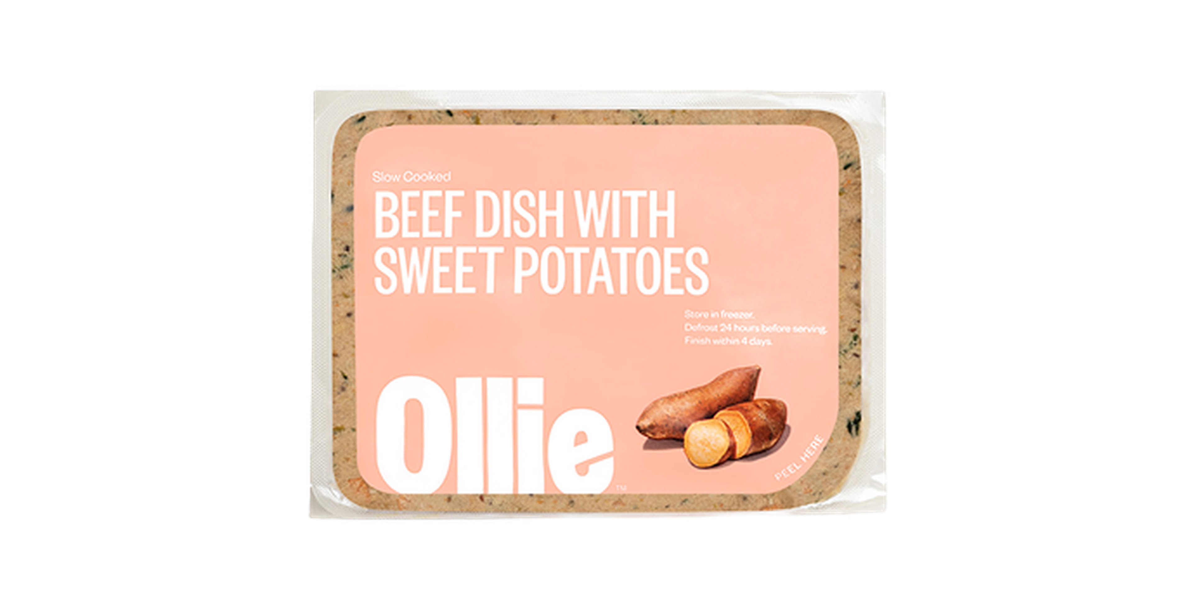 Packaging of Ollie's slow-cooked beef dish with sweet potatoes, featuring serving and storage instructions on a pink background.