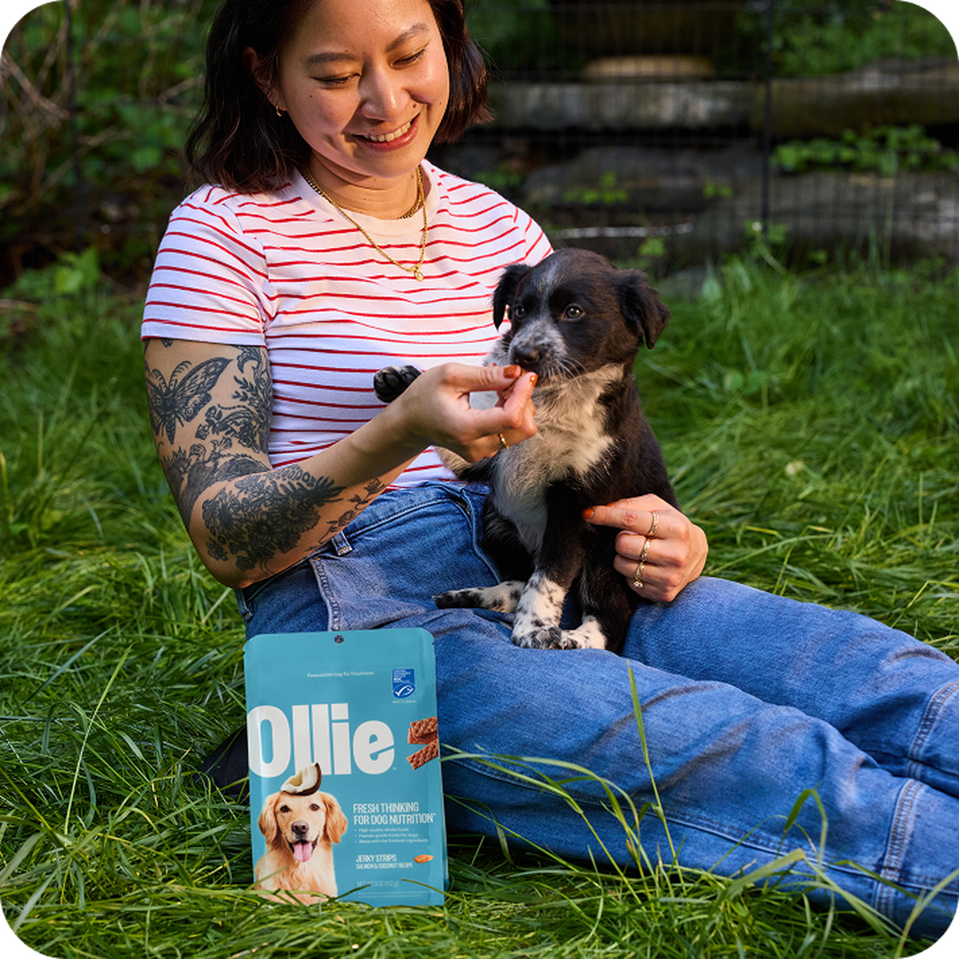 A woman sits on grass feeding a small black and white puppy beside a package of Ollie dog treats.