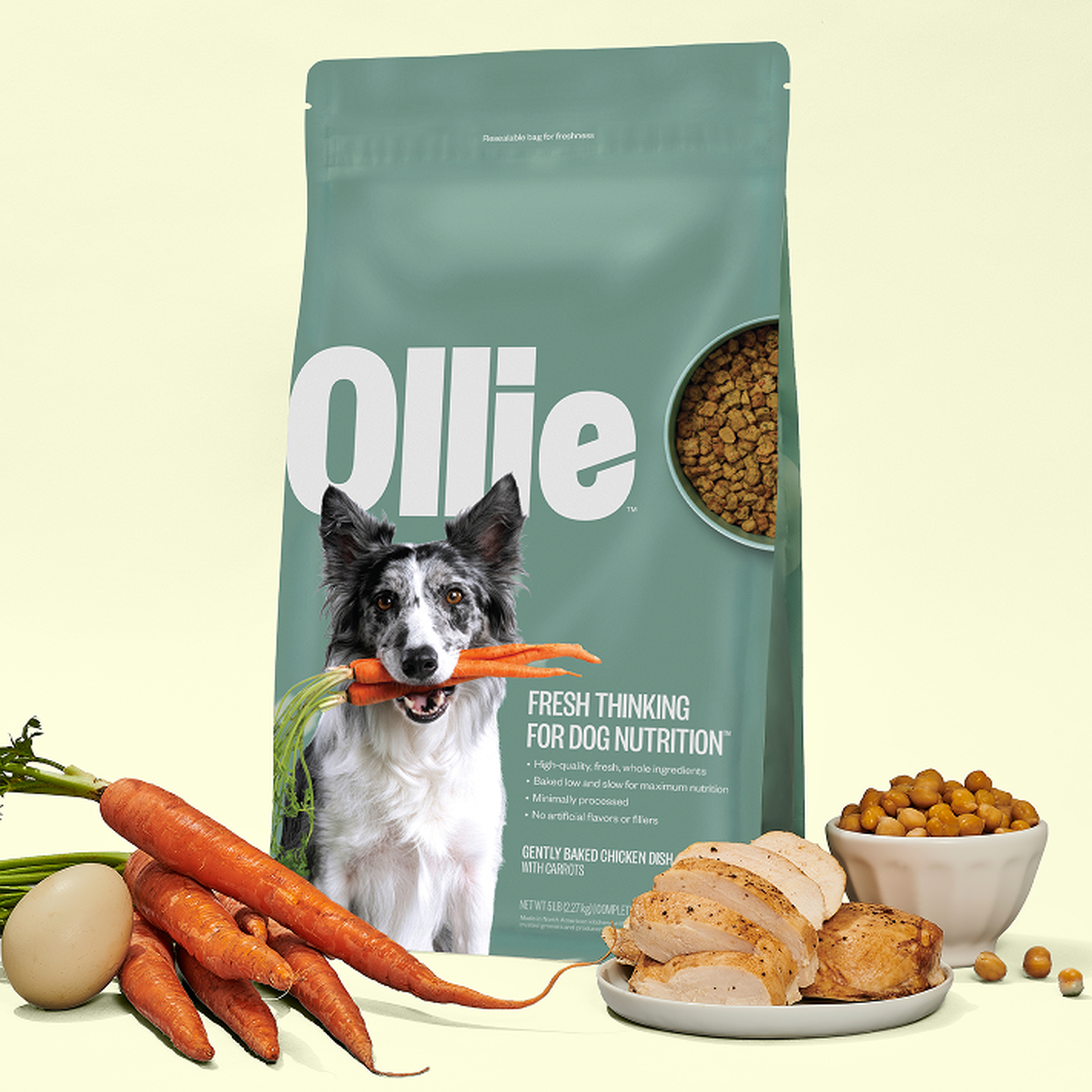A bag of Ollie Baked dog food with a Border Collie holding carrots, alongside fresh carrots, chicken slices, and chickpeas on a light background.