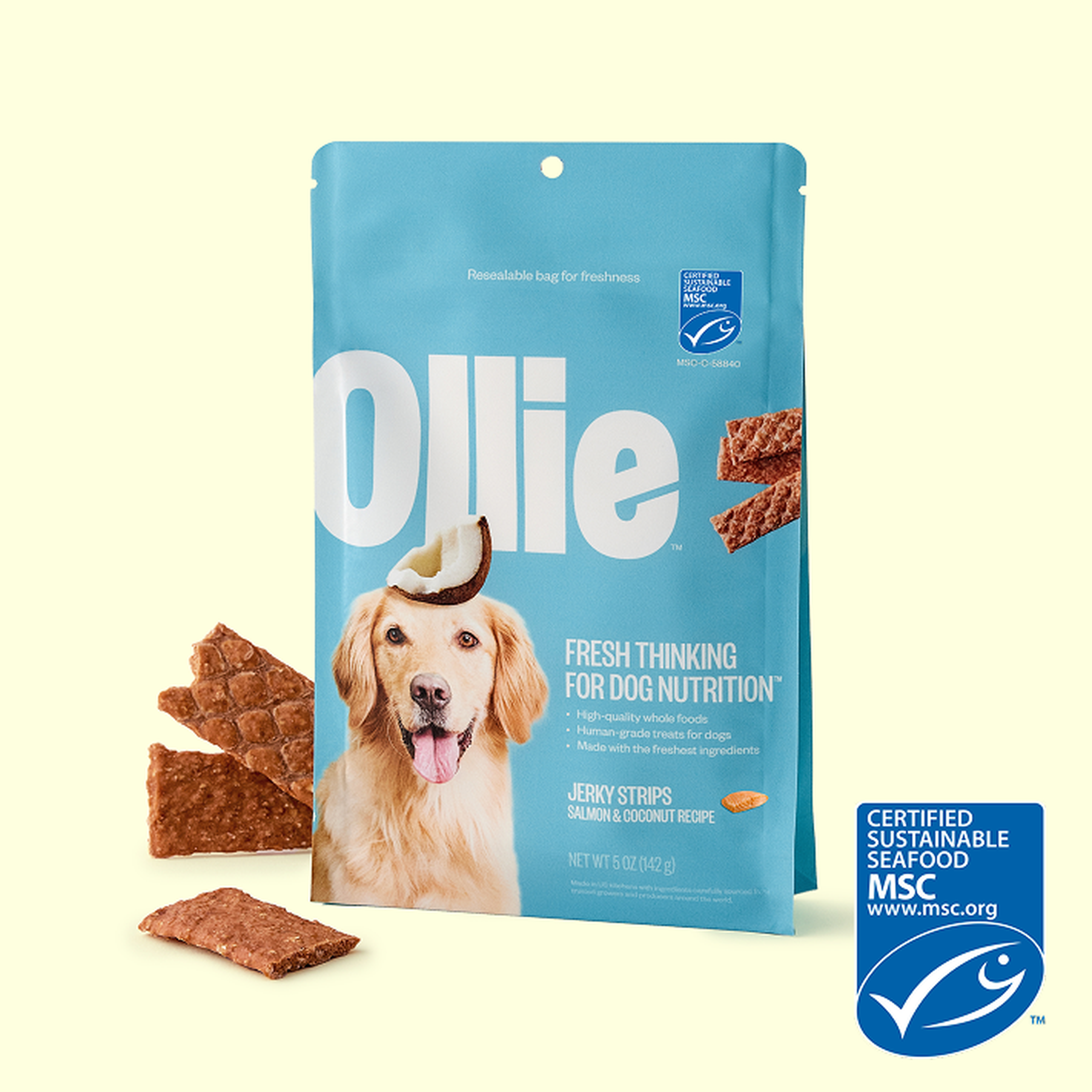 Blue package of Ollie dog jerky strips featuring a happy dog. Certified sustainable seafood logo and pieces of jerky shown beside the package.