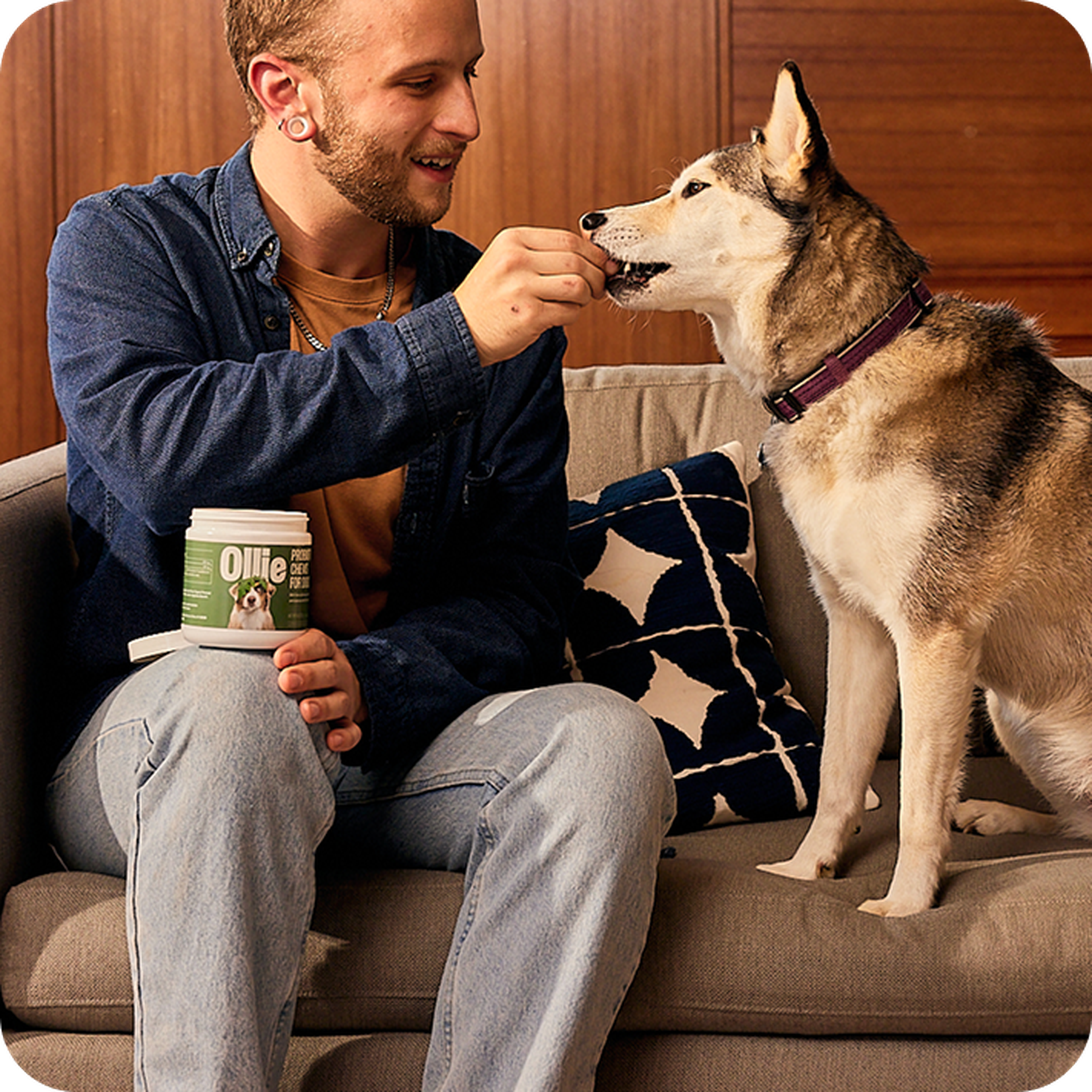 A person smiles while feeding a treat from a container to a Husky sitting on a couch.