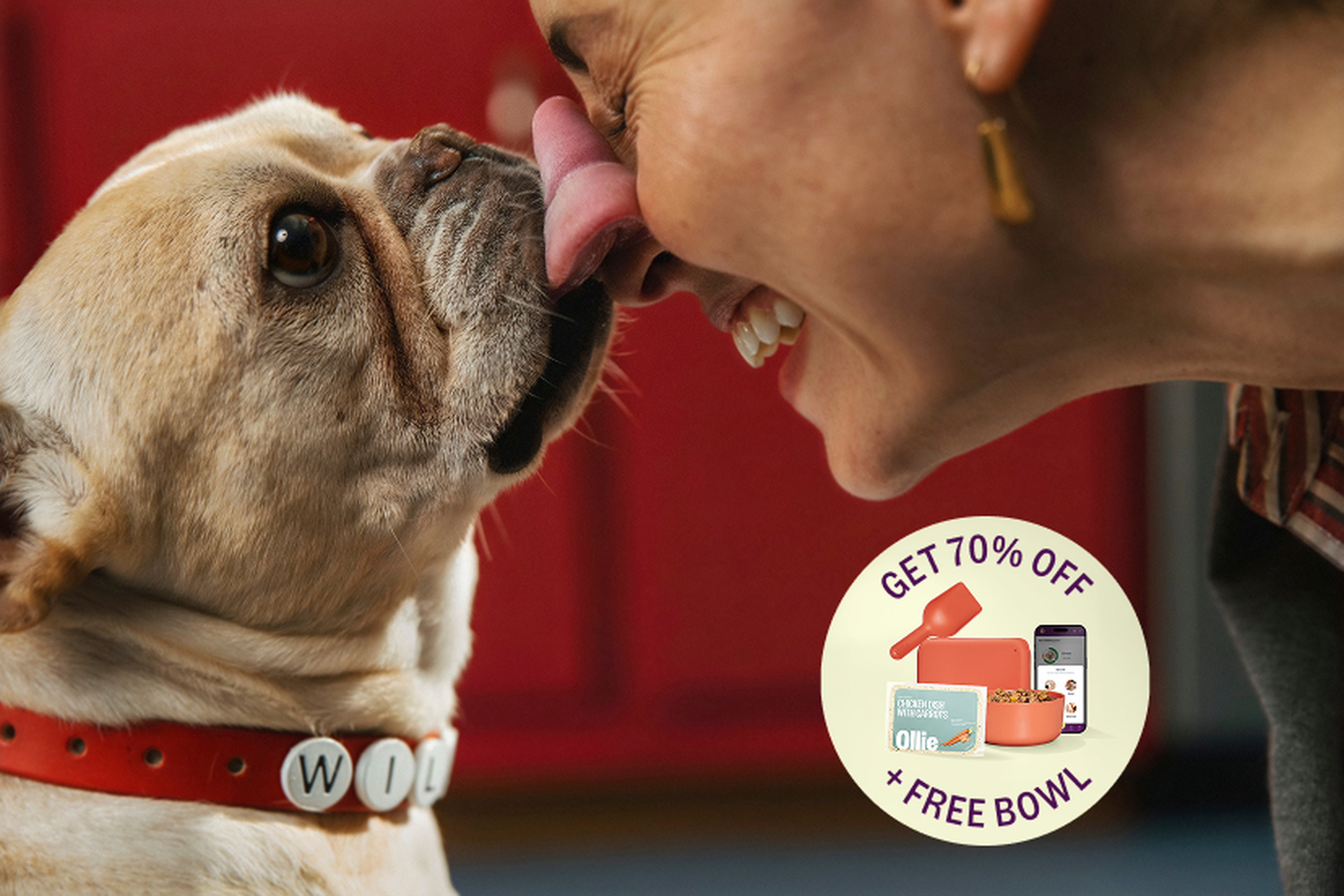 A bulldog licks a smiling woman's face in a cozy kitchen with an offer for 70% off and a free bowl displayed in a circular inset.