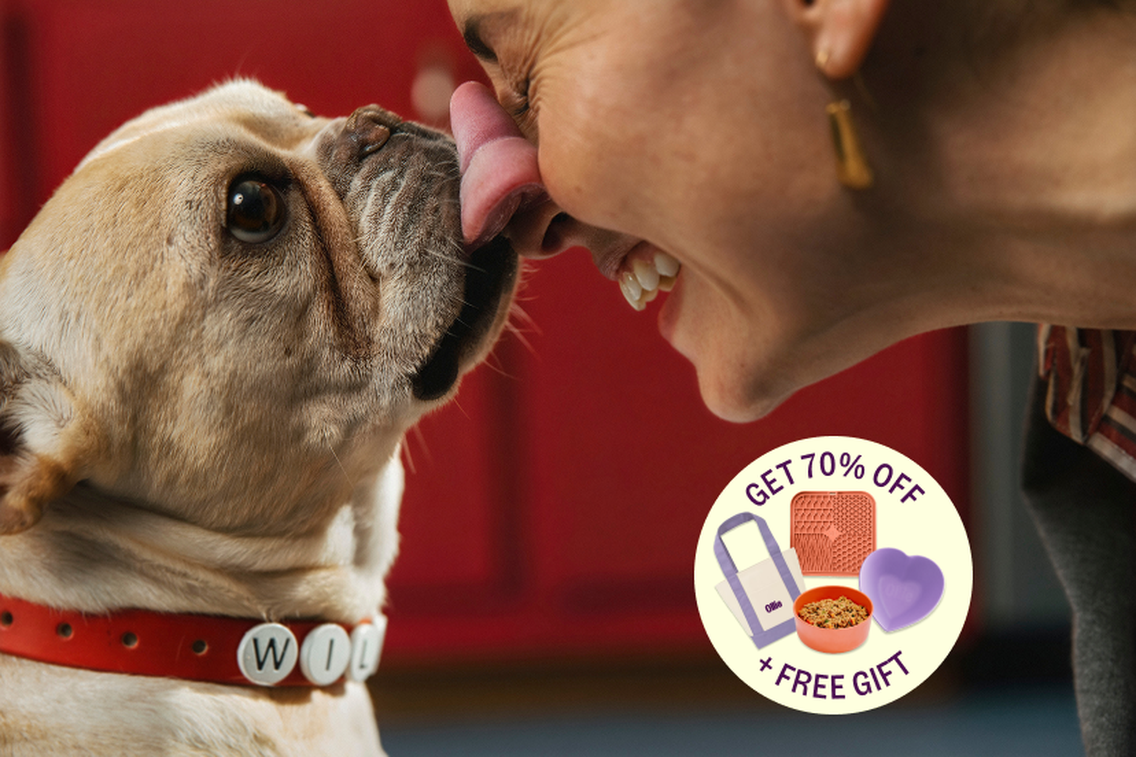A French Bulldog licking a smiling woman's nose, with a red collar labeled "WIL". An ad circle offers 70% off and a free gift alongside pet products.