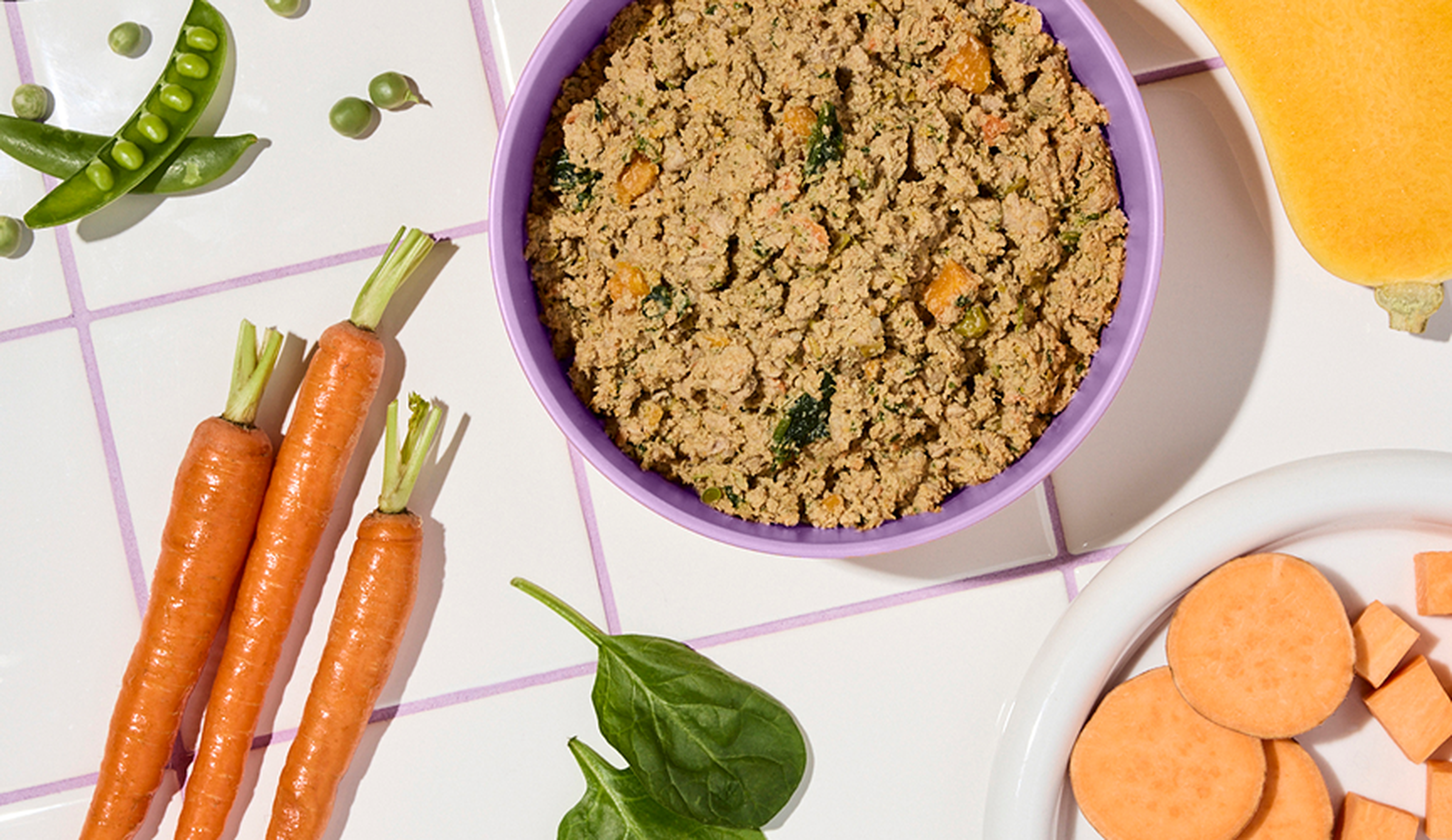 A bowl of fresh Ollie, surrounded by raw carrots, spinach, peas, sweet potato slices, and part of a squash on a tiled surface.