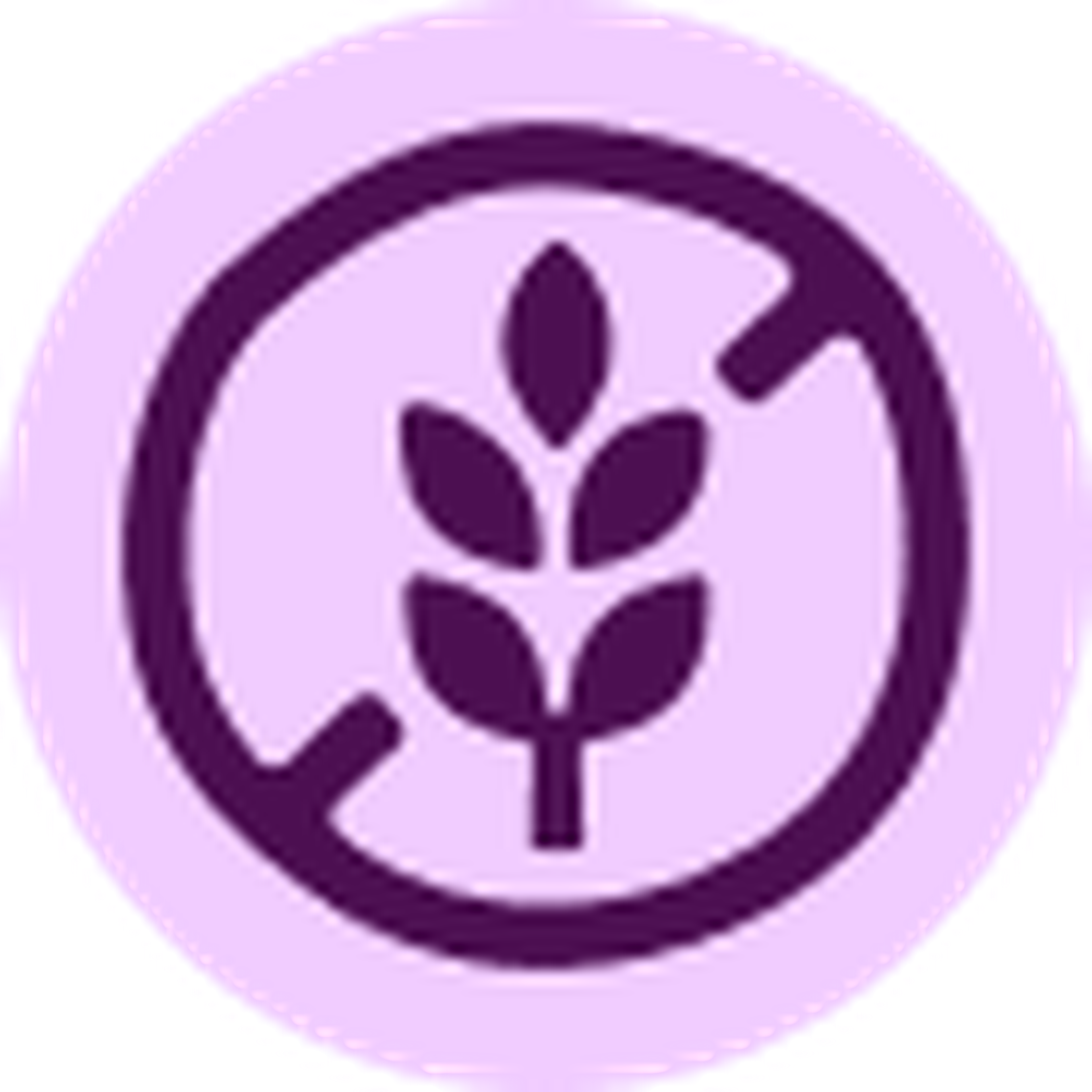 Purple wheat symbol inside a circle with a diagonal line, indicating gluten-free, on a light purple background.