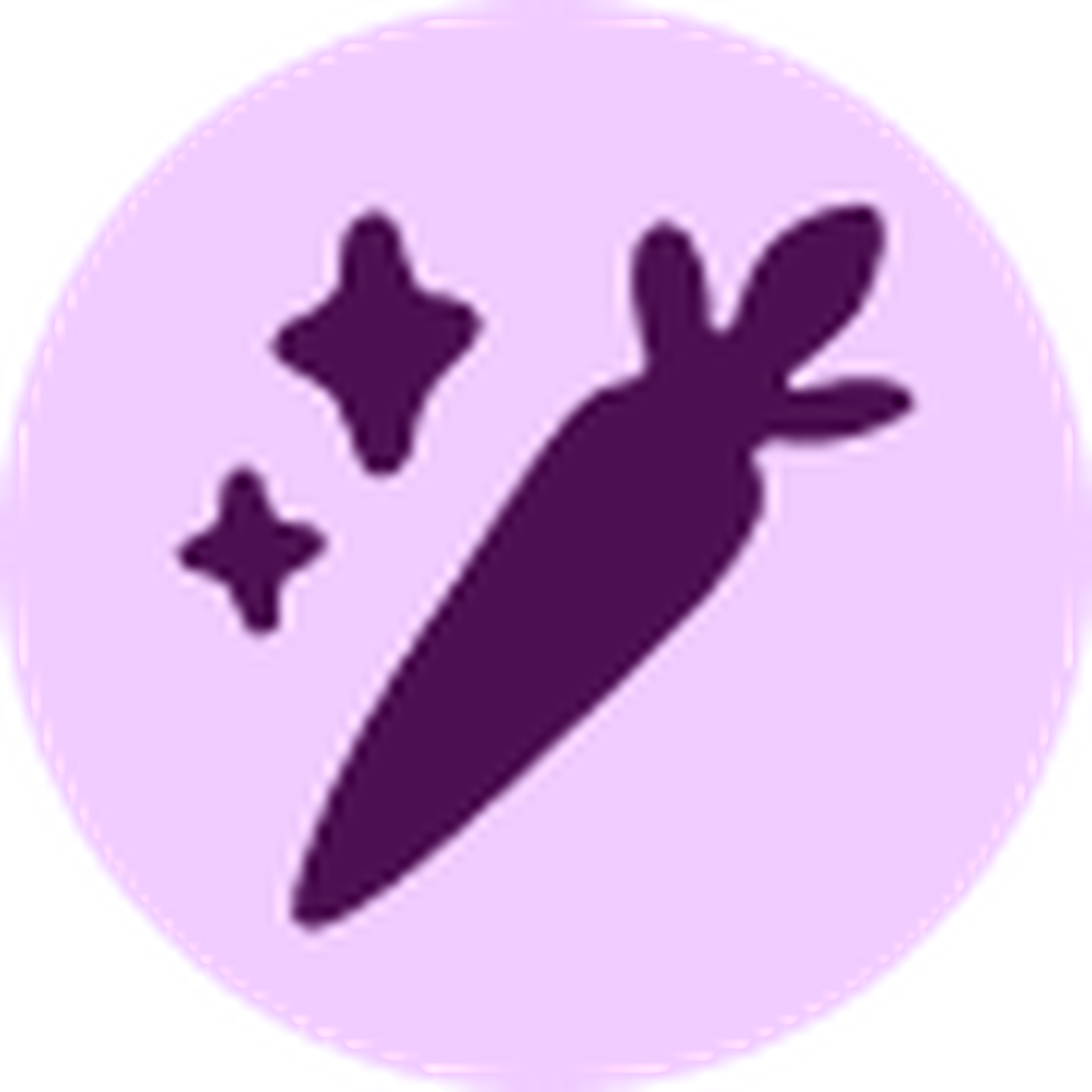 A purple carrot icon with sparkles on a pastel purple background, symbolizing magic or freshness.