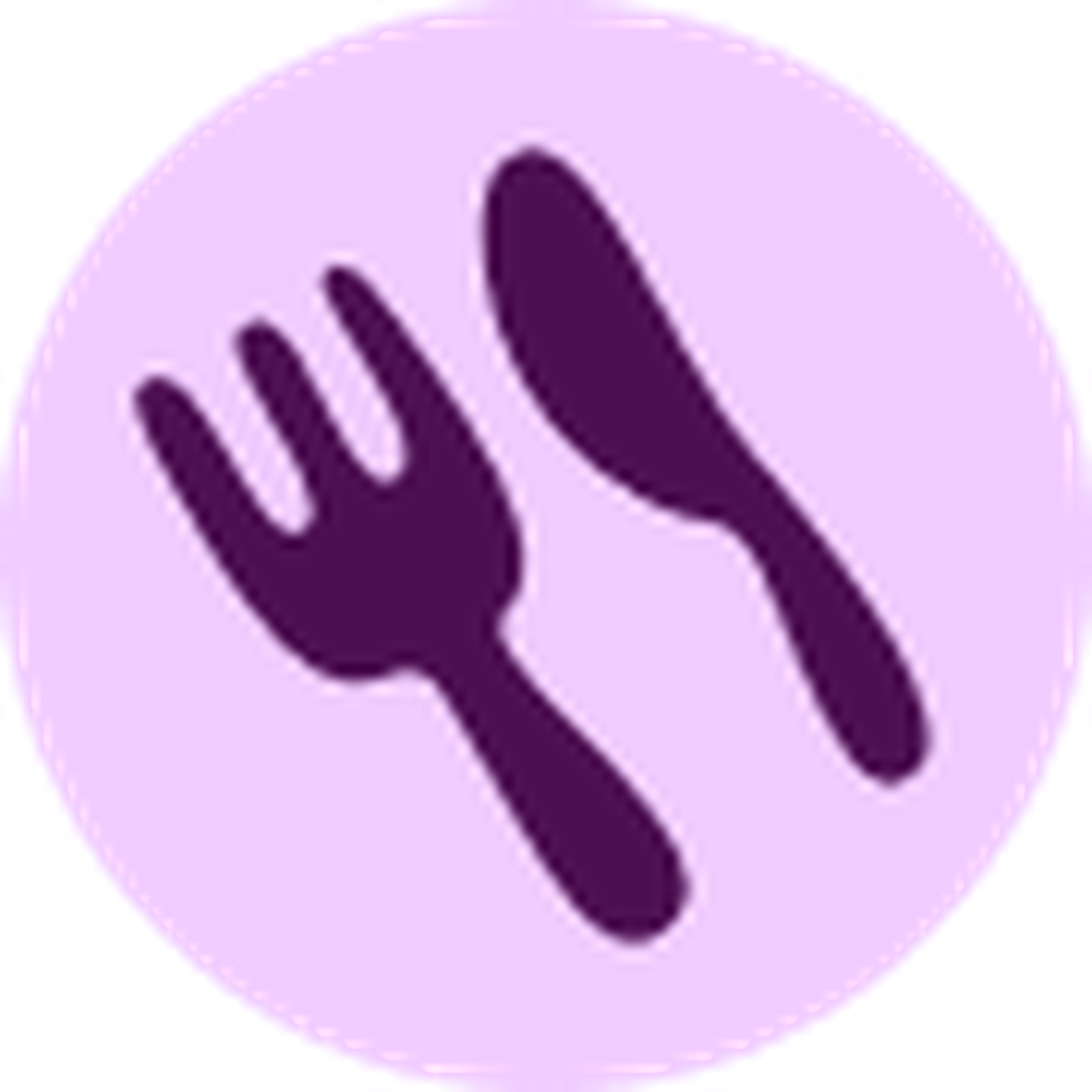 Purple fork and knife icon on a light purple circle background.