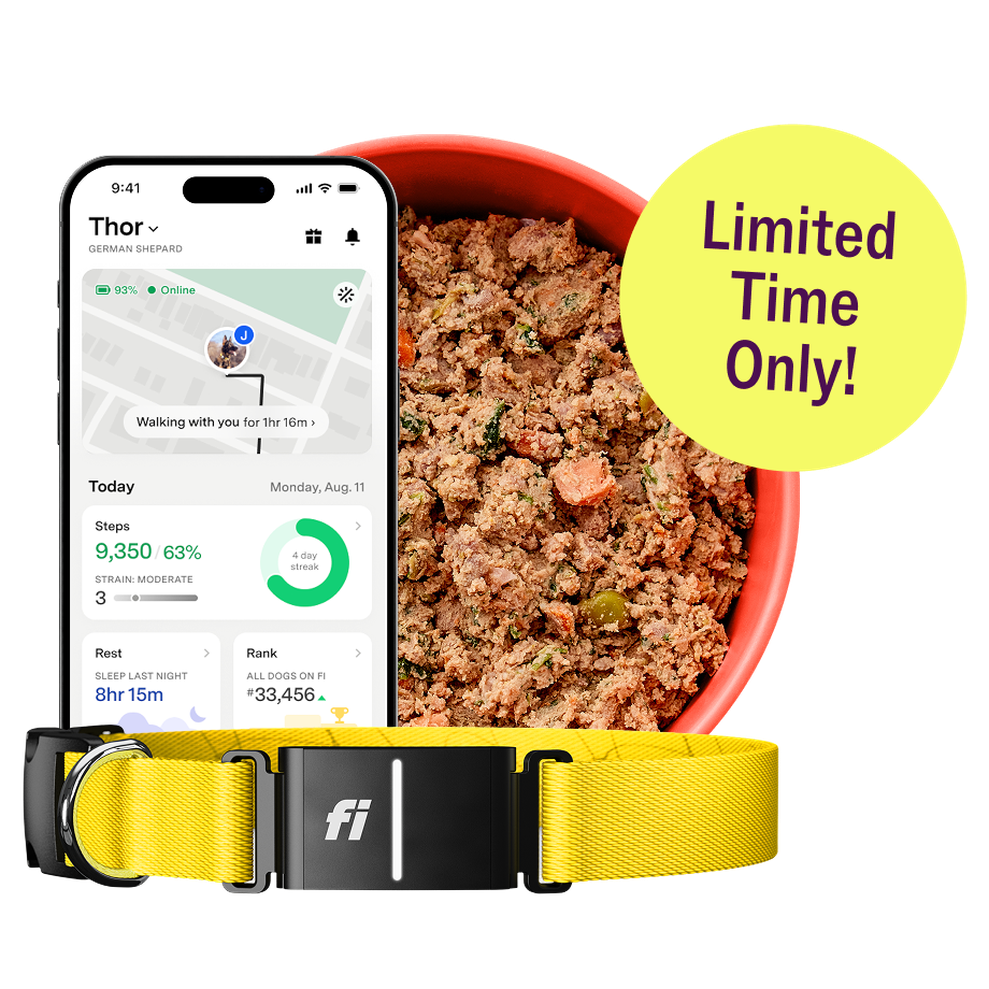 Smartphone displaying a pet tracking app next to a bowl of dog food, yellow collar below, and "Limited Time Only!" text in a yellow circle.