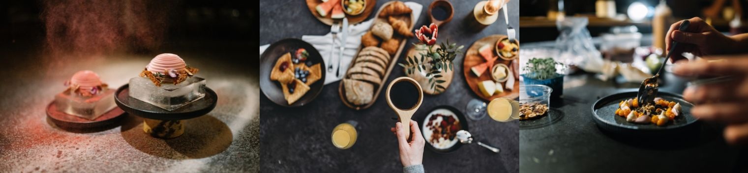 Gourmet desserts on ice, an overhead view of a rustic breakfast spread, and a chef preparing a modern dish with precise plating.