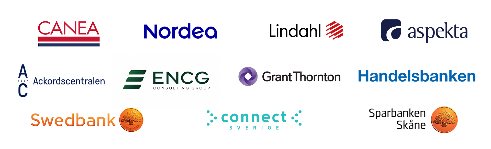 Logos of various companies, including CANEA, Nordea, Lindahl, Aspekta, Ackordscentralen, ENCG, Grant Thornton, Handelsbanken, Swedbank, Connect, and Sparbanken Skåne.