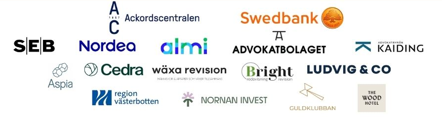 A collection of logos from various companies including SEB, Swedbank, Nordea, and others, arranged in a scattered pattern.