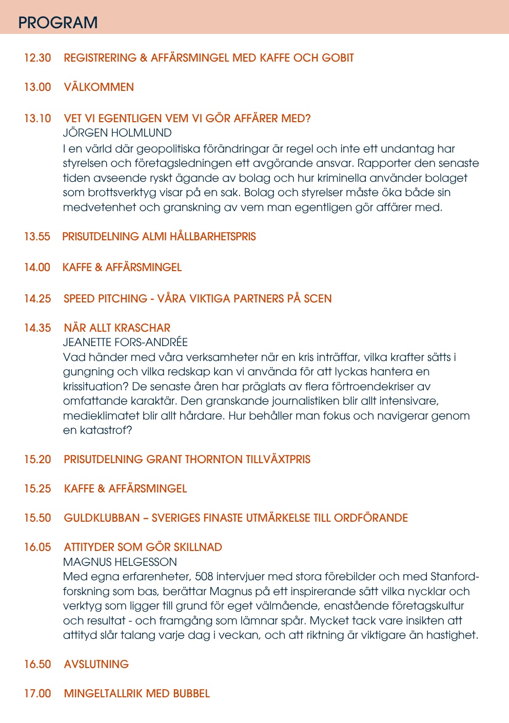 Program schedule with times and descriptions of talks, awards, and networking sessions. Text in Swedish.