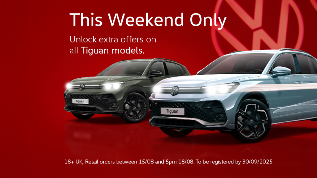 red back ground with VW Tiguan's in foreground and white text on top and bottom of image