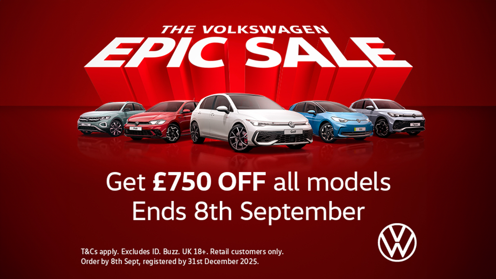 volkswagen models in a line on a red background with EPIC SALE in big white letters above them