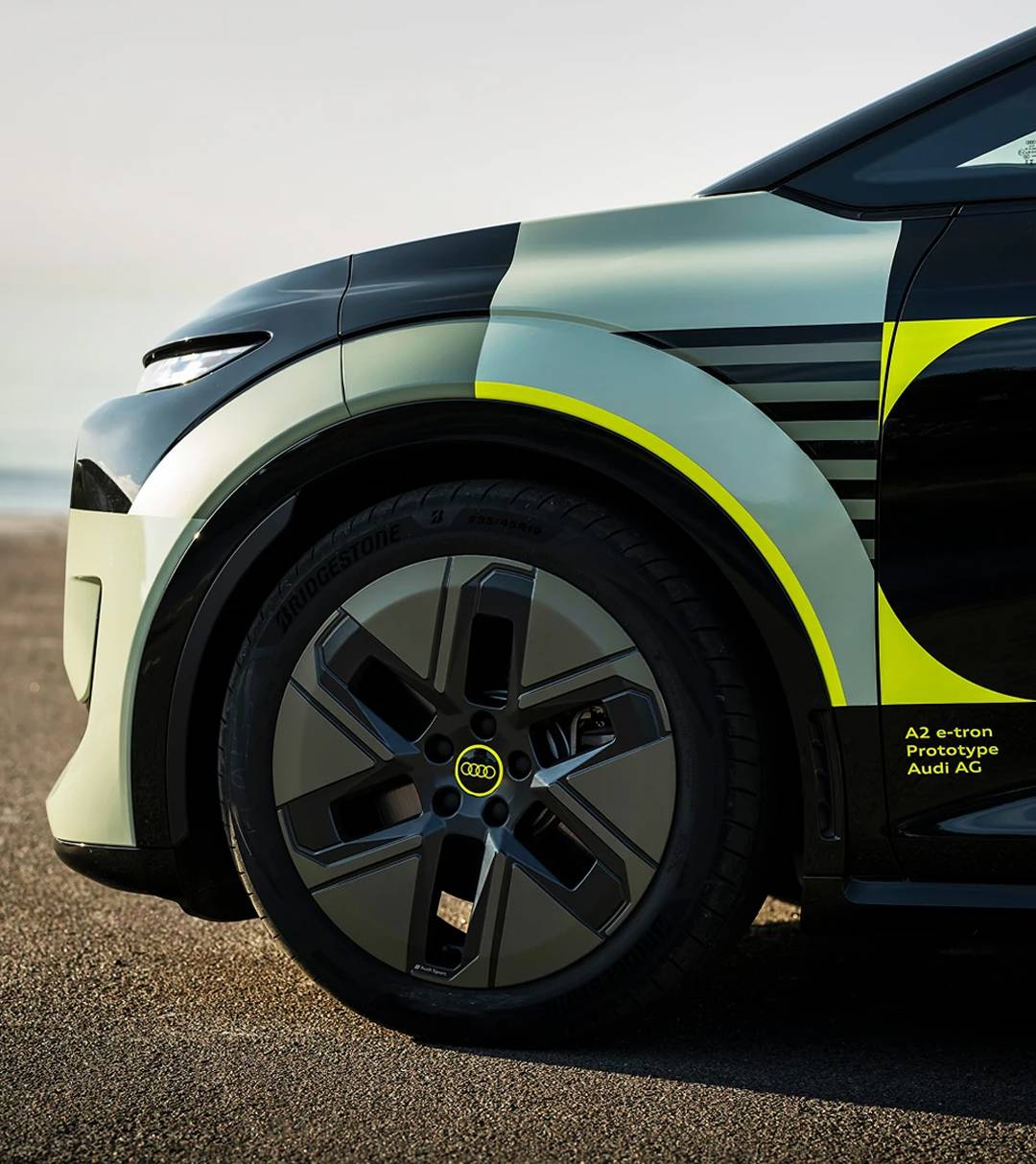 Close up of an Audi A2 e-tron front wheel