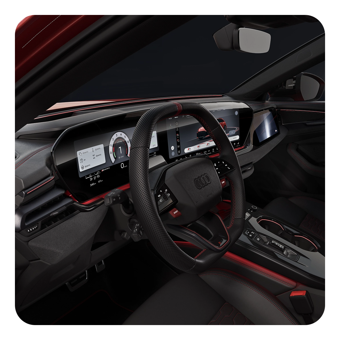 Interior photo of the RS 5 Avant showcasing the steering wheel and digital displays.