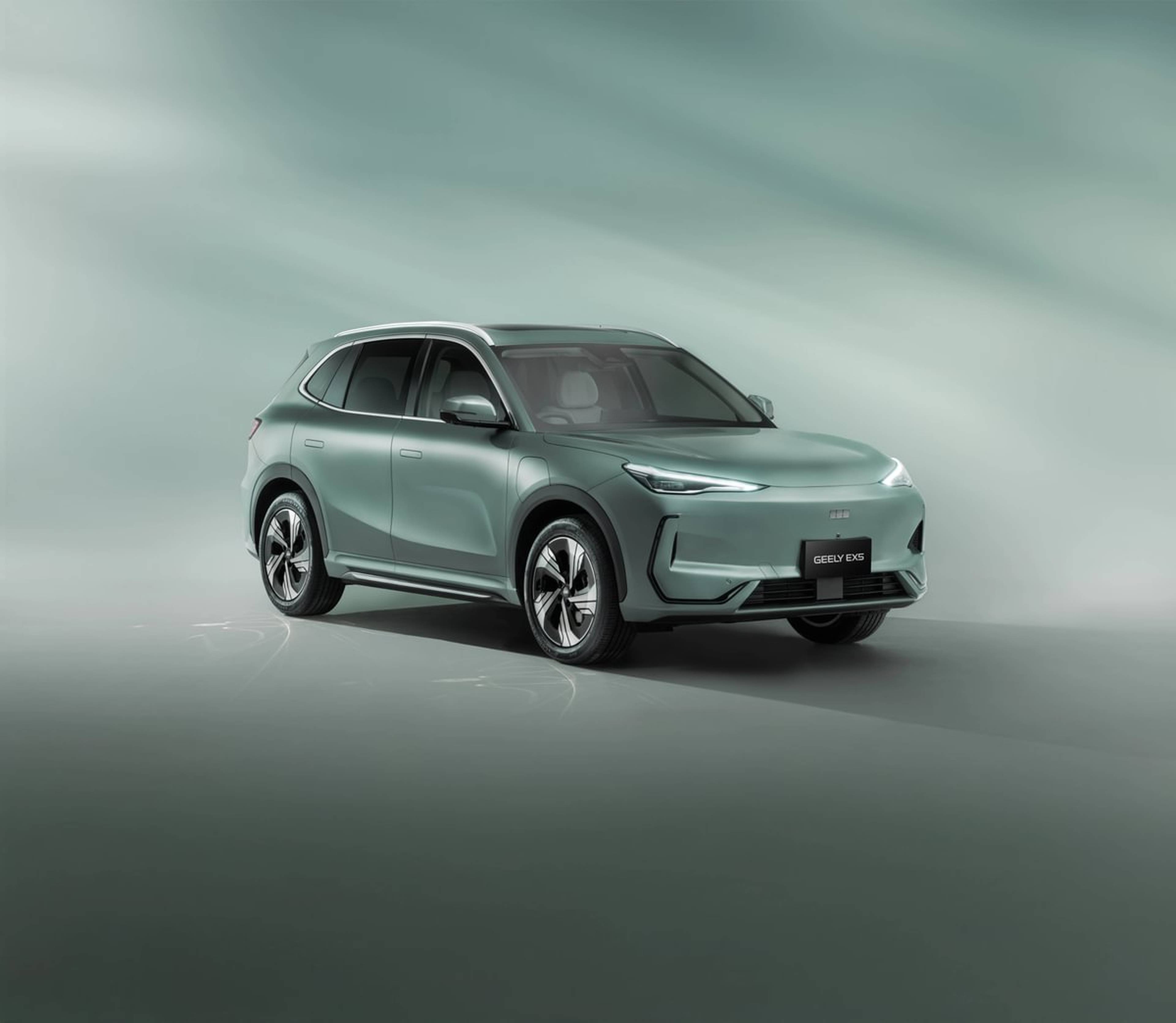 Geely EX5 Max, in Jade Green Front 3qtr with a washed green background