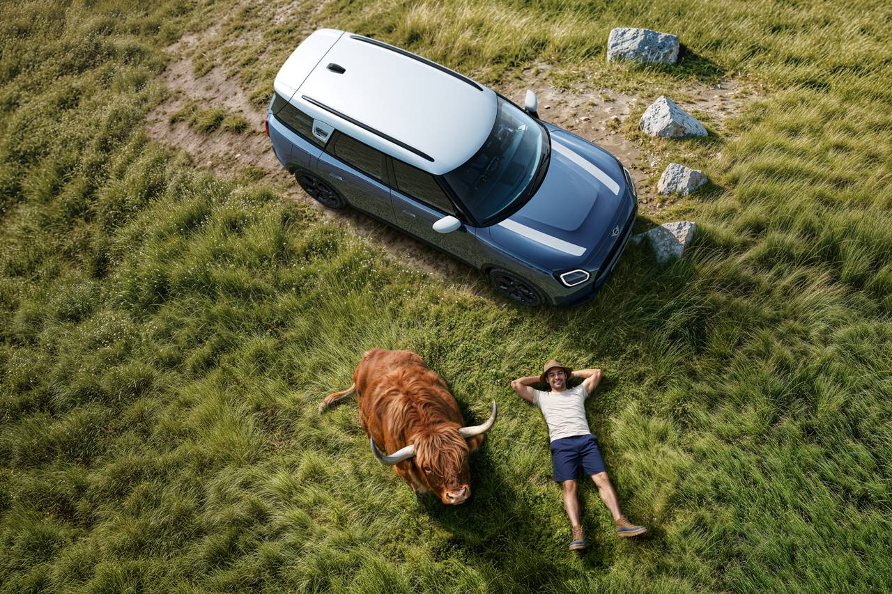 Image of a man lying down in a grassy field next top the mini and highland cow.