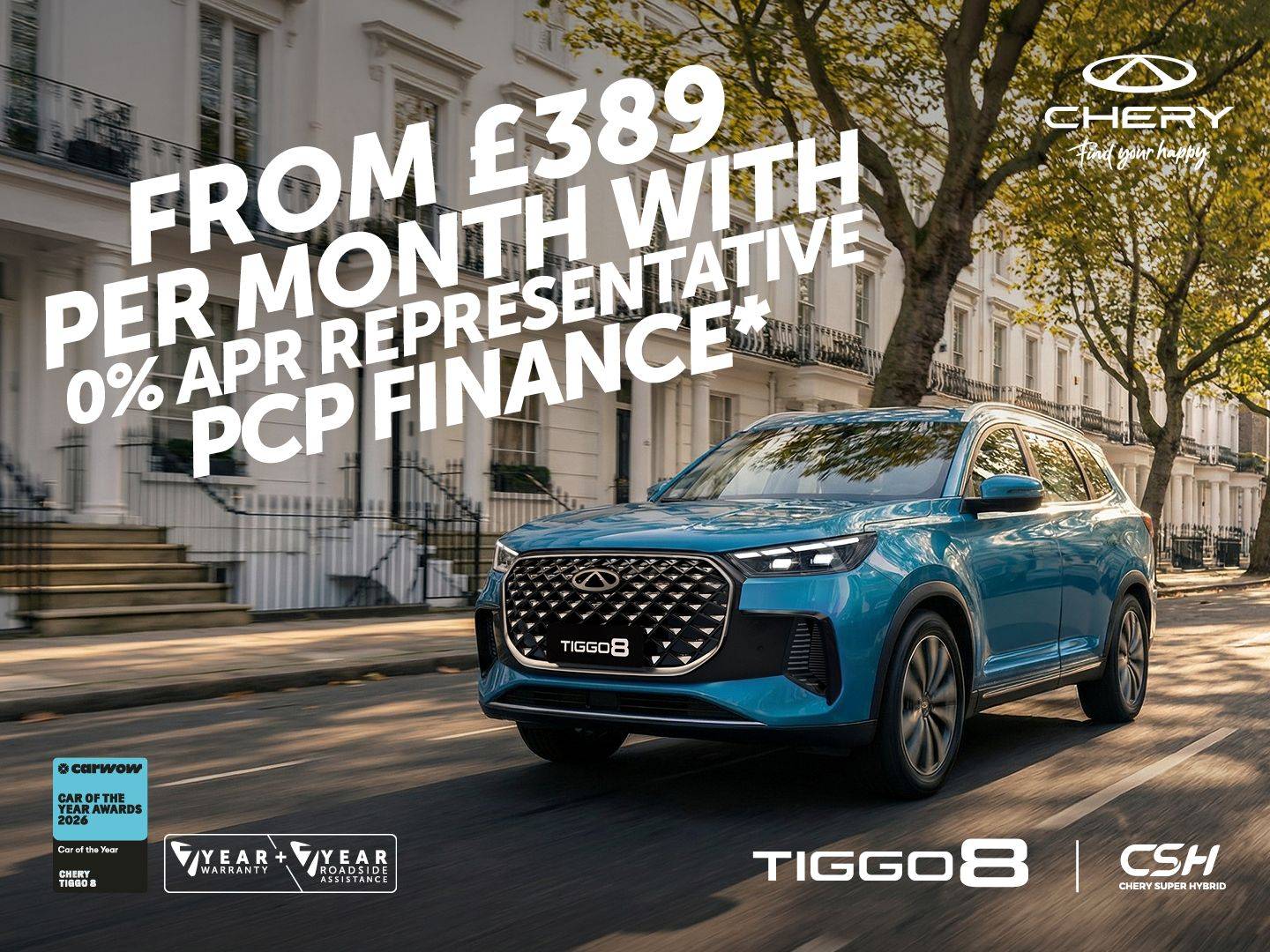 Blue TIGGO 8 from £389 per month 0% APR representative PCP Finance