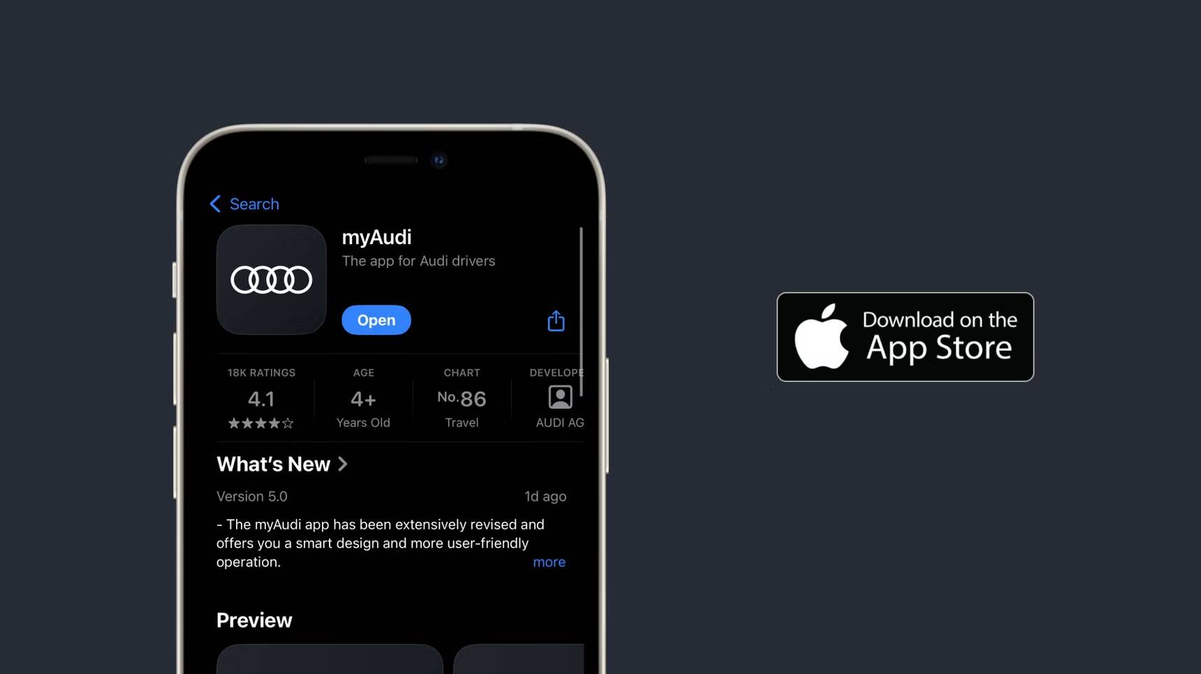 Graphic of a phone on the Apple App Store stock with the myAudi app ready to download