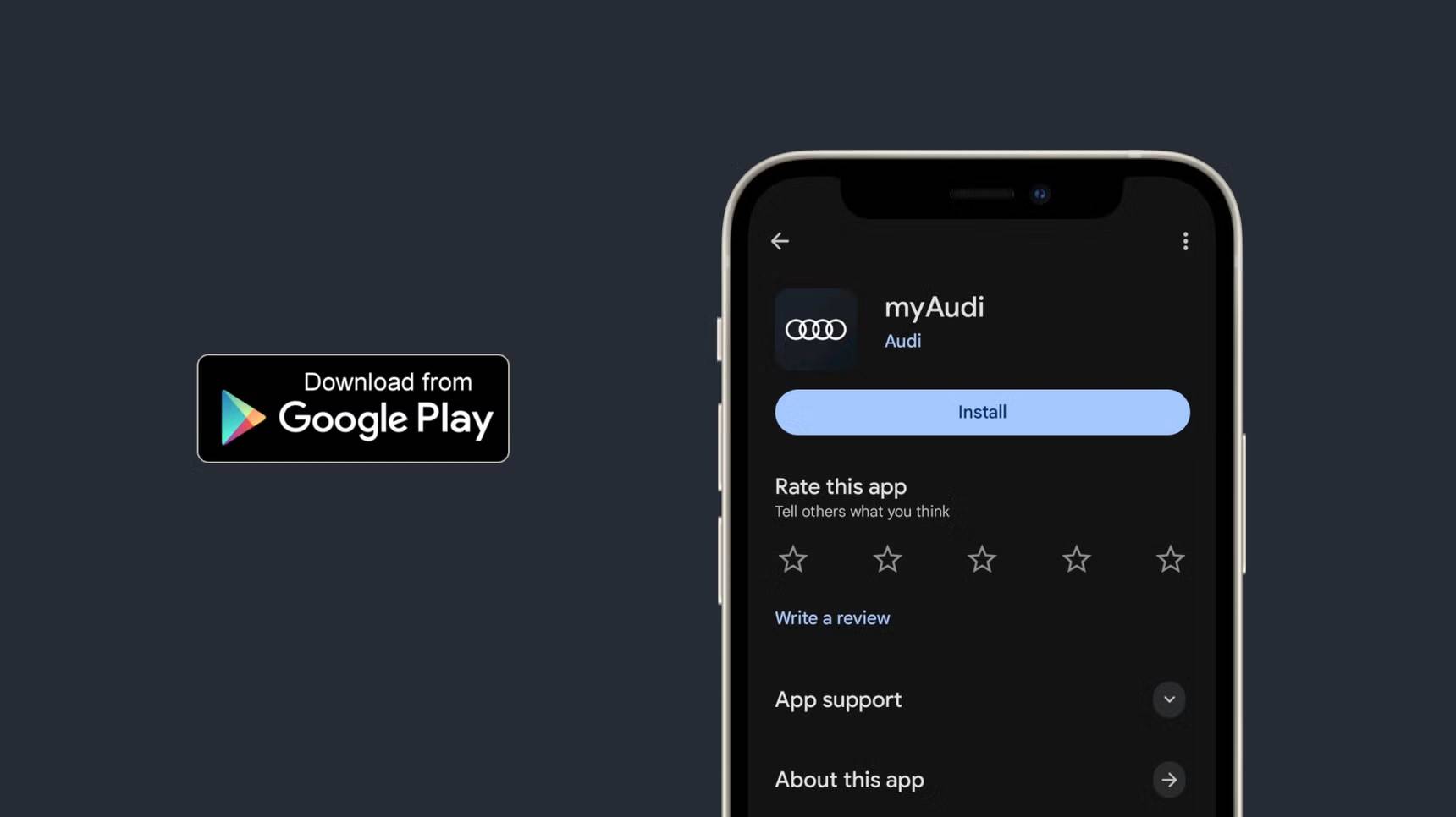 Graphic of a phone on the Google Play stock with the myAudi app ready to download