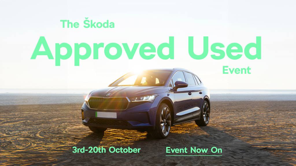 skoda used vehicle event banner showing blue car parked on the beach