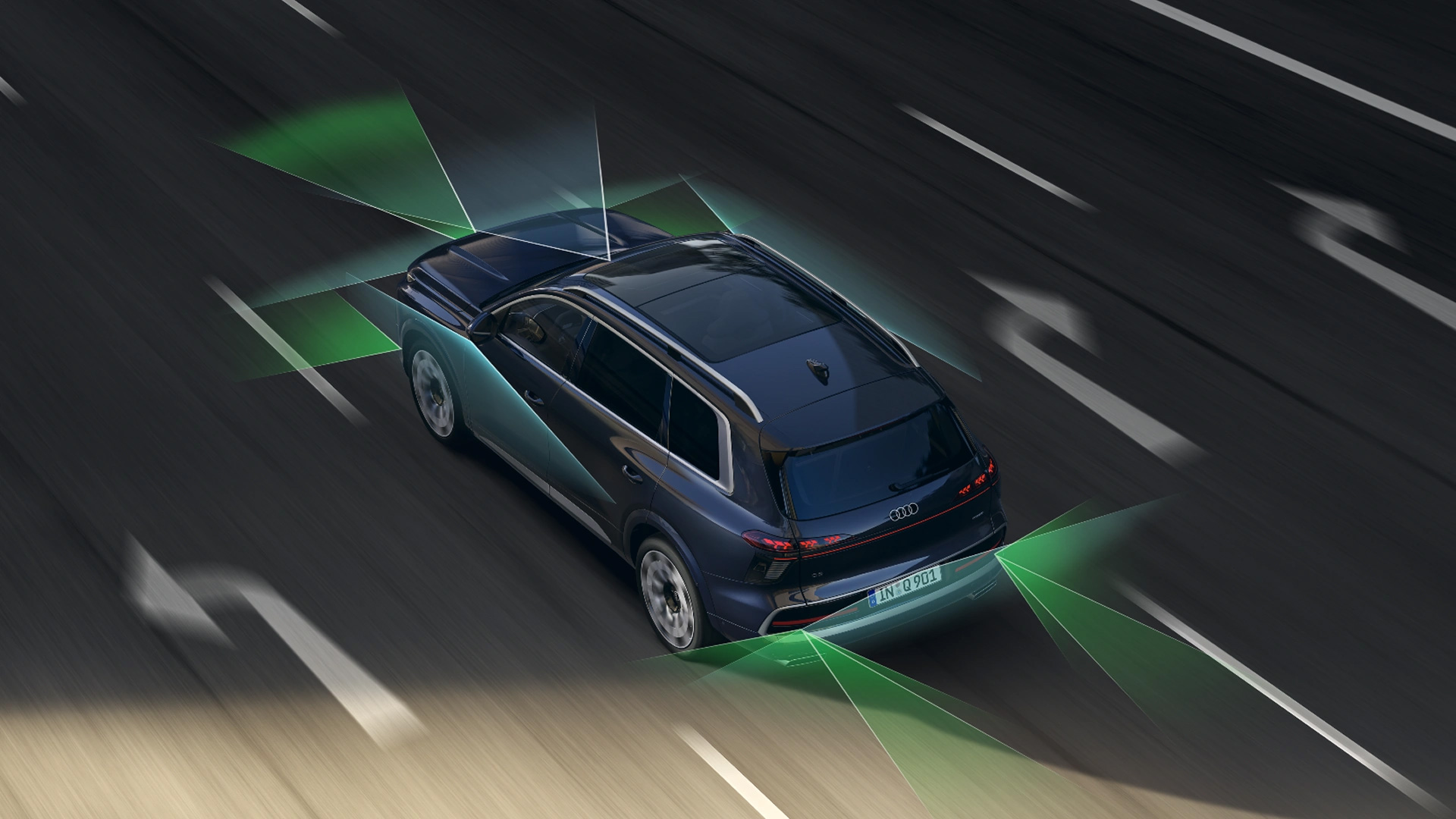 q9-tech-1 Graphic showing the distance of the Audi pre-sense technology