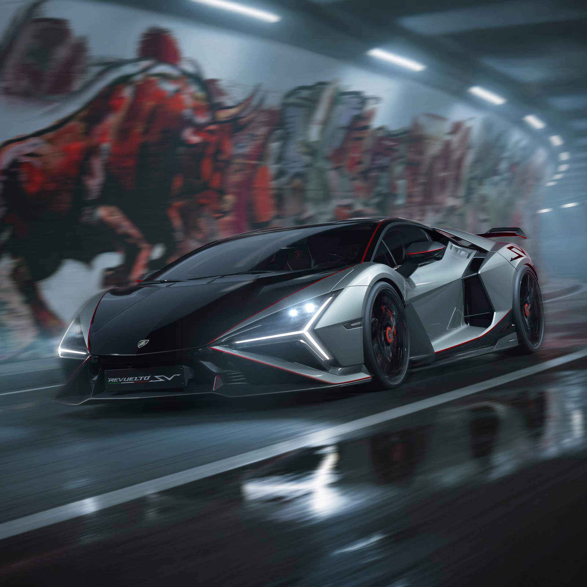 Revuelto SV driving through a tunnel, front facing