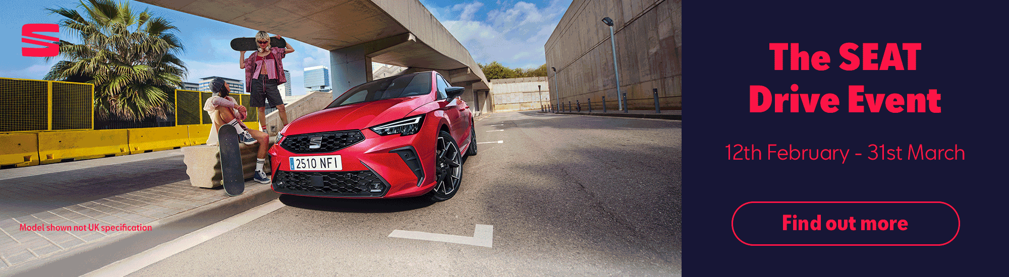 Bright Event Banner featuring the SEAT Leon, Arona, and Ibiza with a caption.