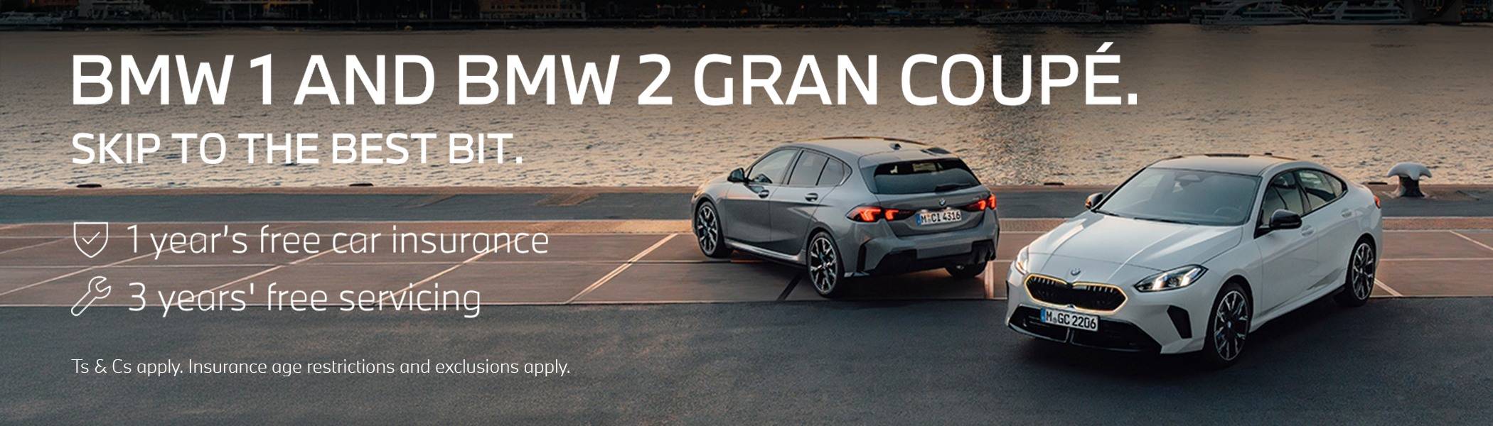 1 and 2 Series - Skip to the best bit with 1 year's free car insurance and 3 years' free servicing. With image of a grey BMW 1 series and 2 Series Gran Coupe parked in front of some water and a city skyline