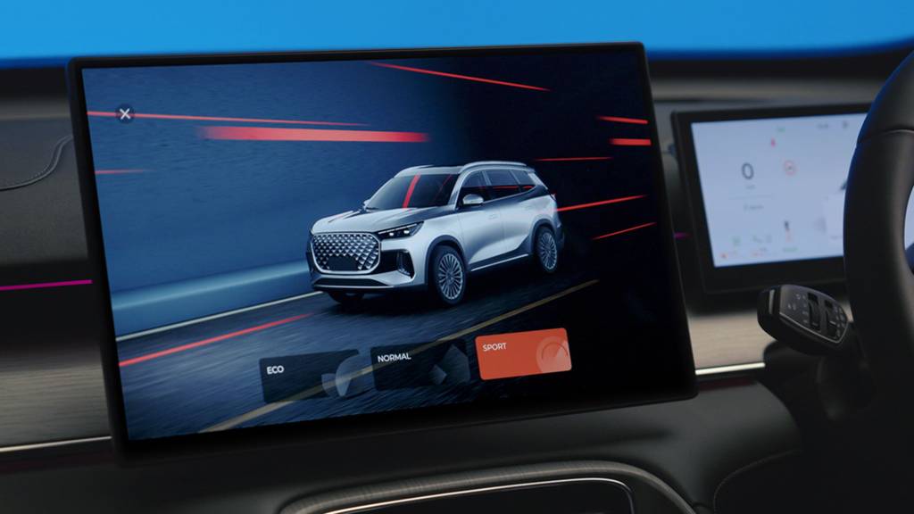 TIGGO 8 Hybrid infotainment screen showing 3 drive modes - Eco, Normal and Sport