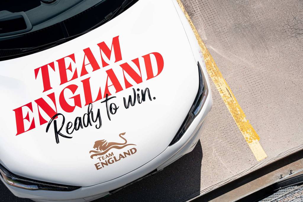 Geely EX5 with Team England Ready to Win design on the bonnet for commonwealth games