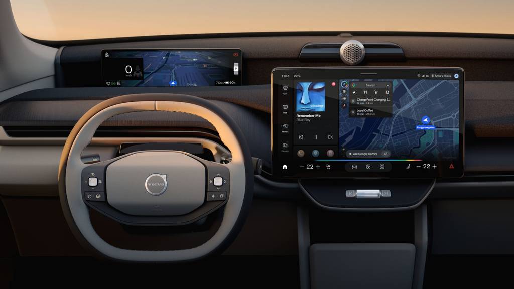 EX60 Interior dashboard and steering wheel with Nav displayed on the infotainment screen